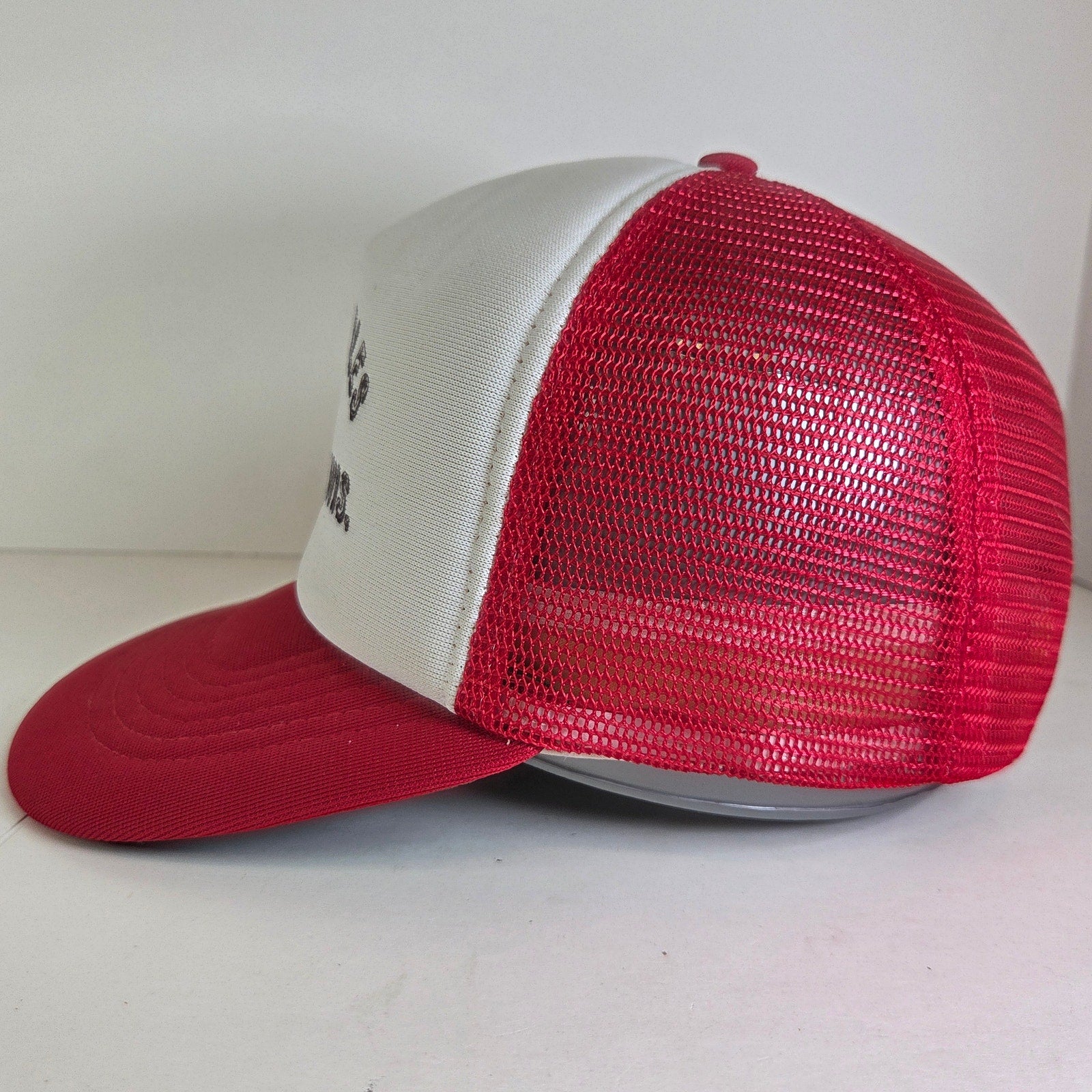 Vintage 80s Trucker Hat Log Gables Webster Wisconsin Snapback Mesh Red White