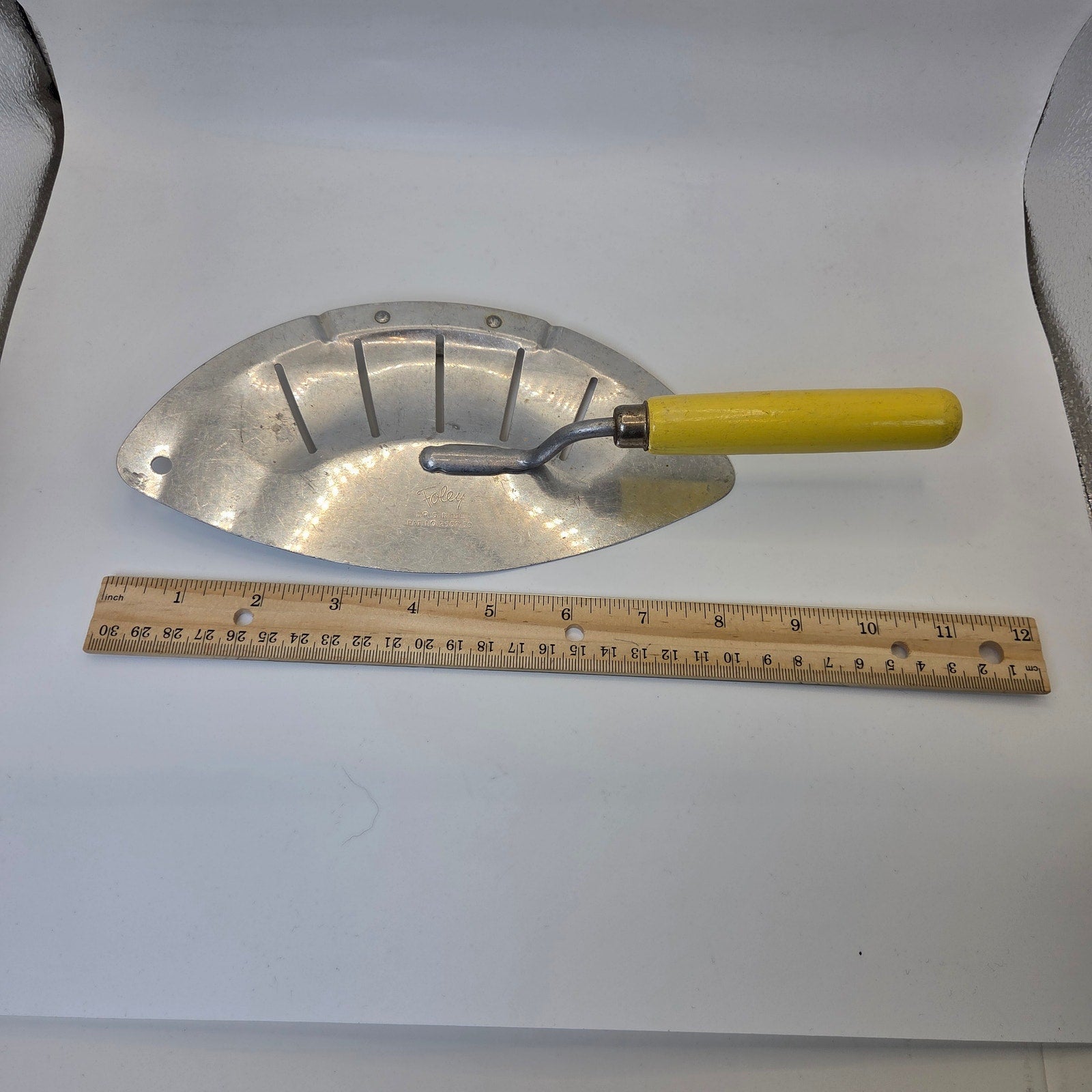 Foley Vintage Aluminum Food Press Rocker Chopper Masher Yellow Handle USA