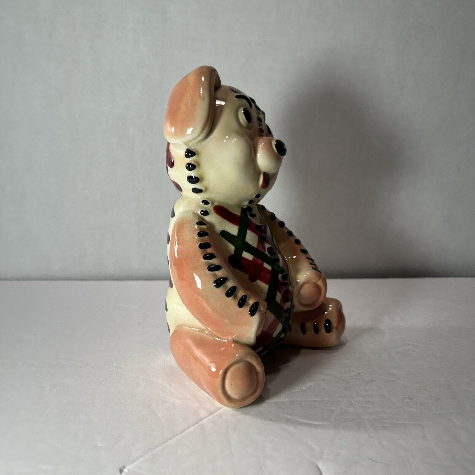 Vintage Patchwork Dog Figurine Hand Painted Ceramic 1950s 1960s Folk Art