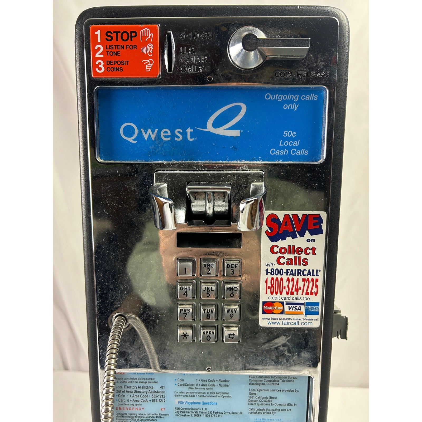 Western Electric Bell System Qwest Coin Pay Phone Wall Telephone w/ Coin Box Key