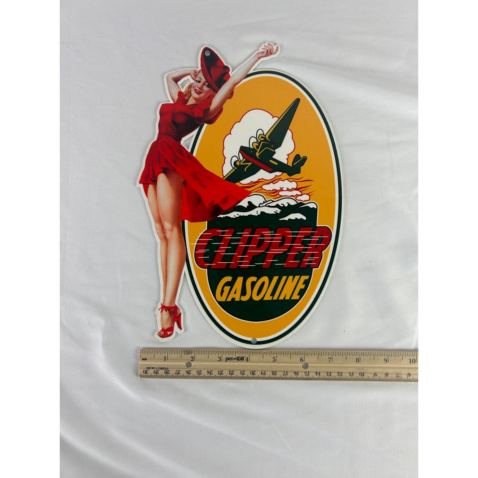 Clipper Gasoline Pin Up Girl Metal Sign Retro Aviation Gas Oil Decor