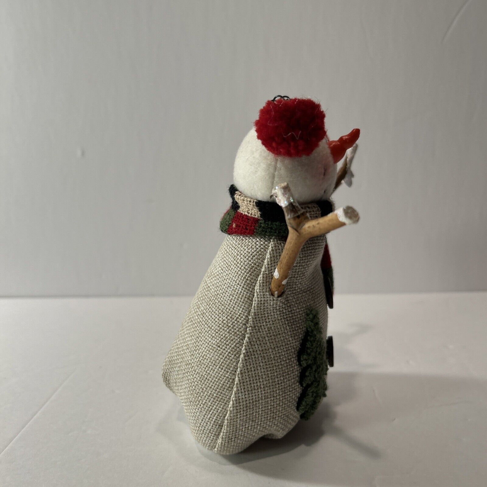 Rustic Fabric Snowman Figurine w/ Stick Arms, Earmuffs & Scarf 8" Country Decor