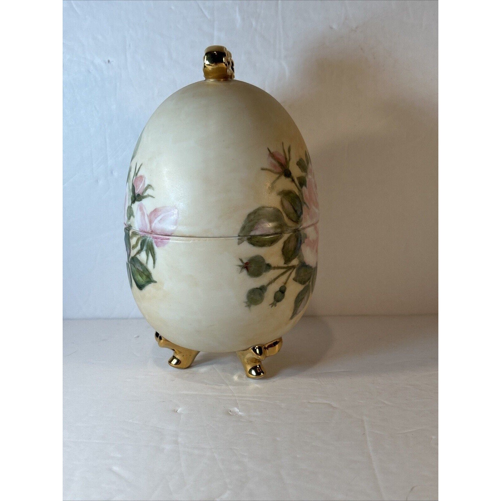 Vintage Porcelain Hand Painted Footed Egg Trinket Box Hinged Floral