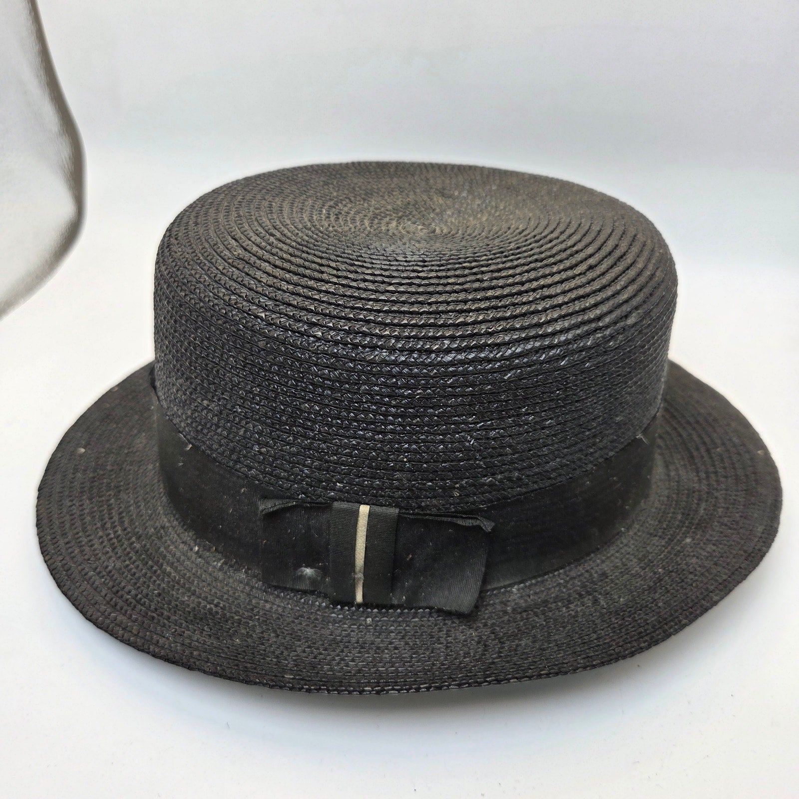 Vintage Straw Boater Hat Black Flat Top Size 6 3/8 Antique Ribbon Band
