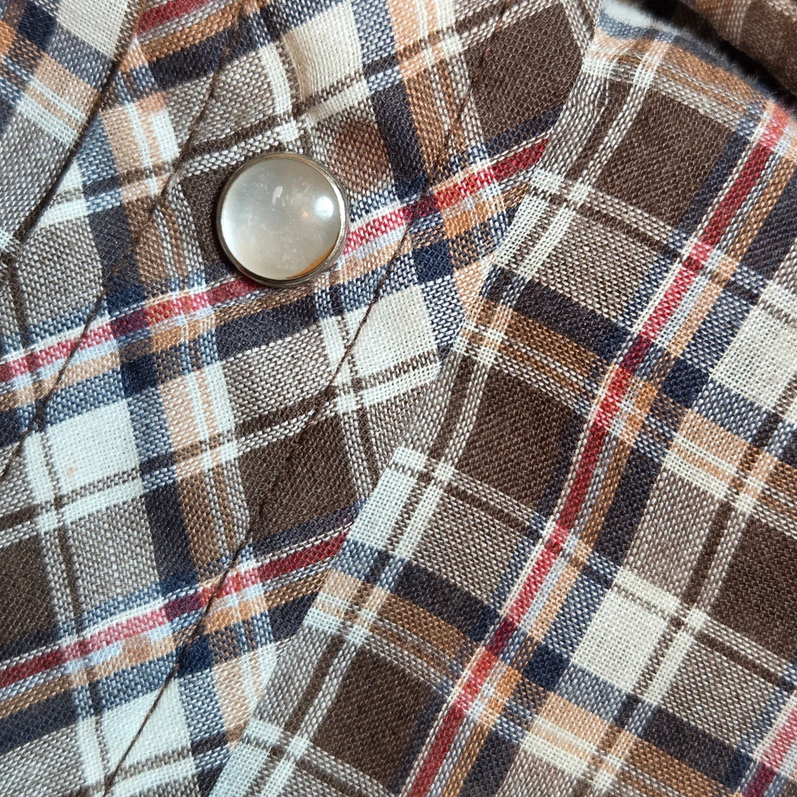 Vintage Youngbloods Western Pearl Snap Plaid Shirt Brown Tan Red Size M