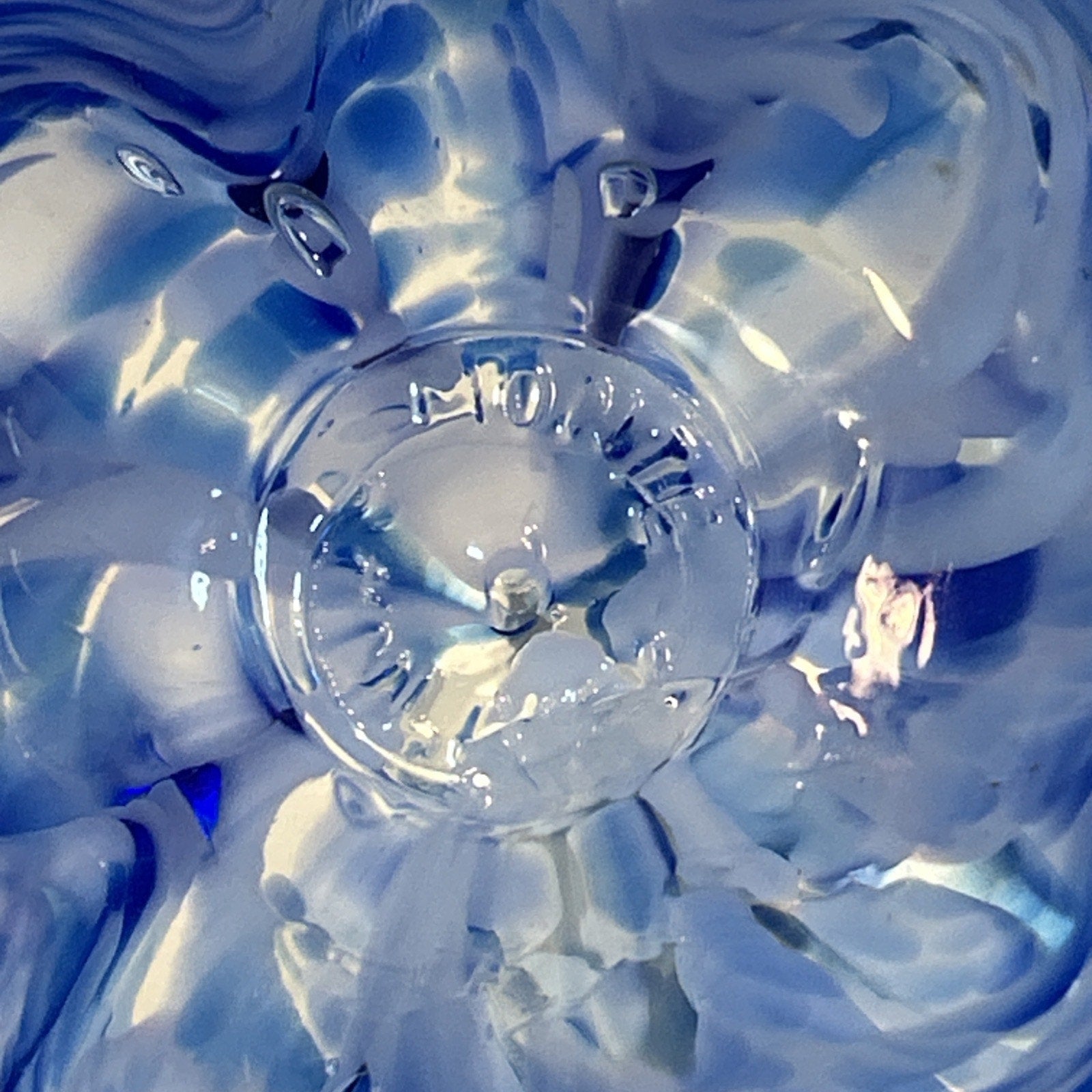 Vintage Monte Dunlavy Signed Art Glass Paperweight Blue Flower Design 3"