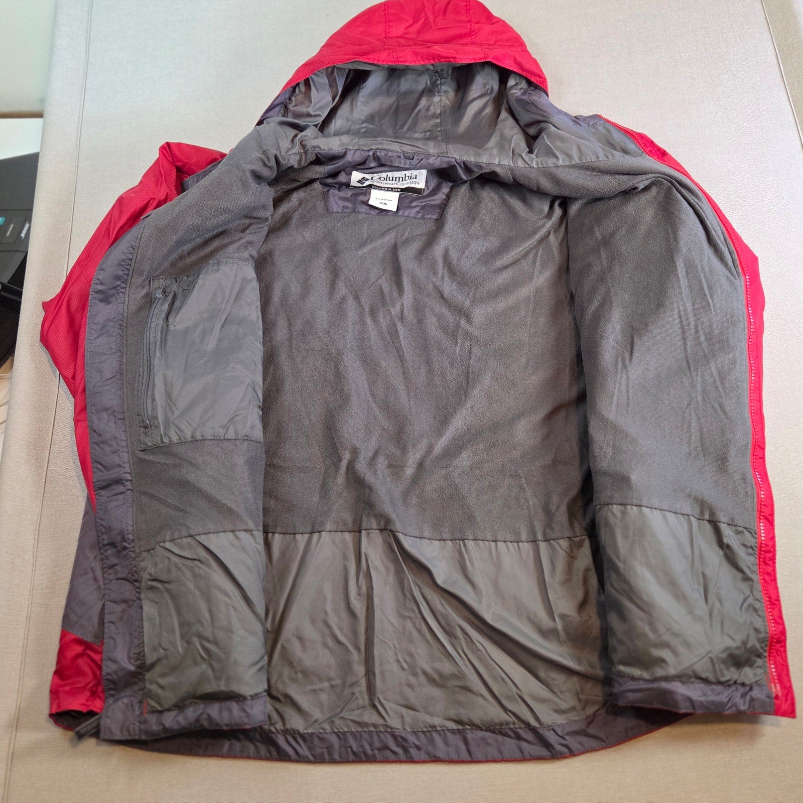Columbia Men’s XL Red Gray Nylon Hooded Jacket Waterproof Windbreaker