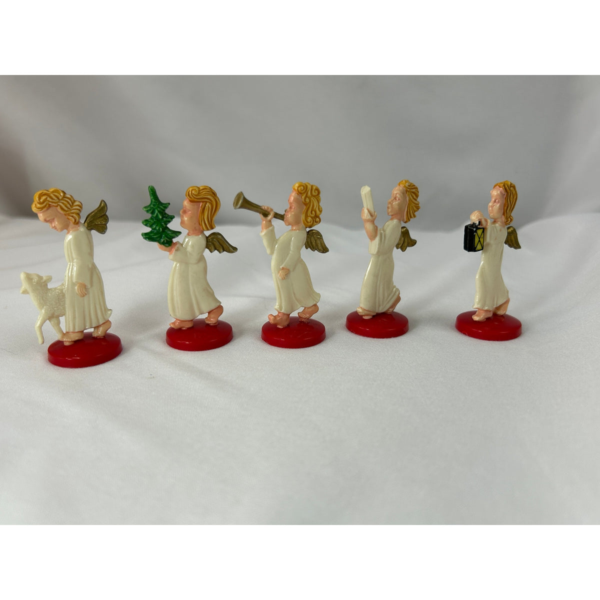 Vintage West Germany Angel Figurines Set 5 Plastic Christmas Red Base MCM
