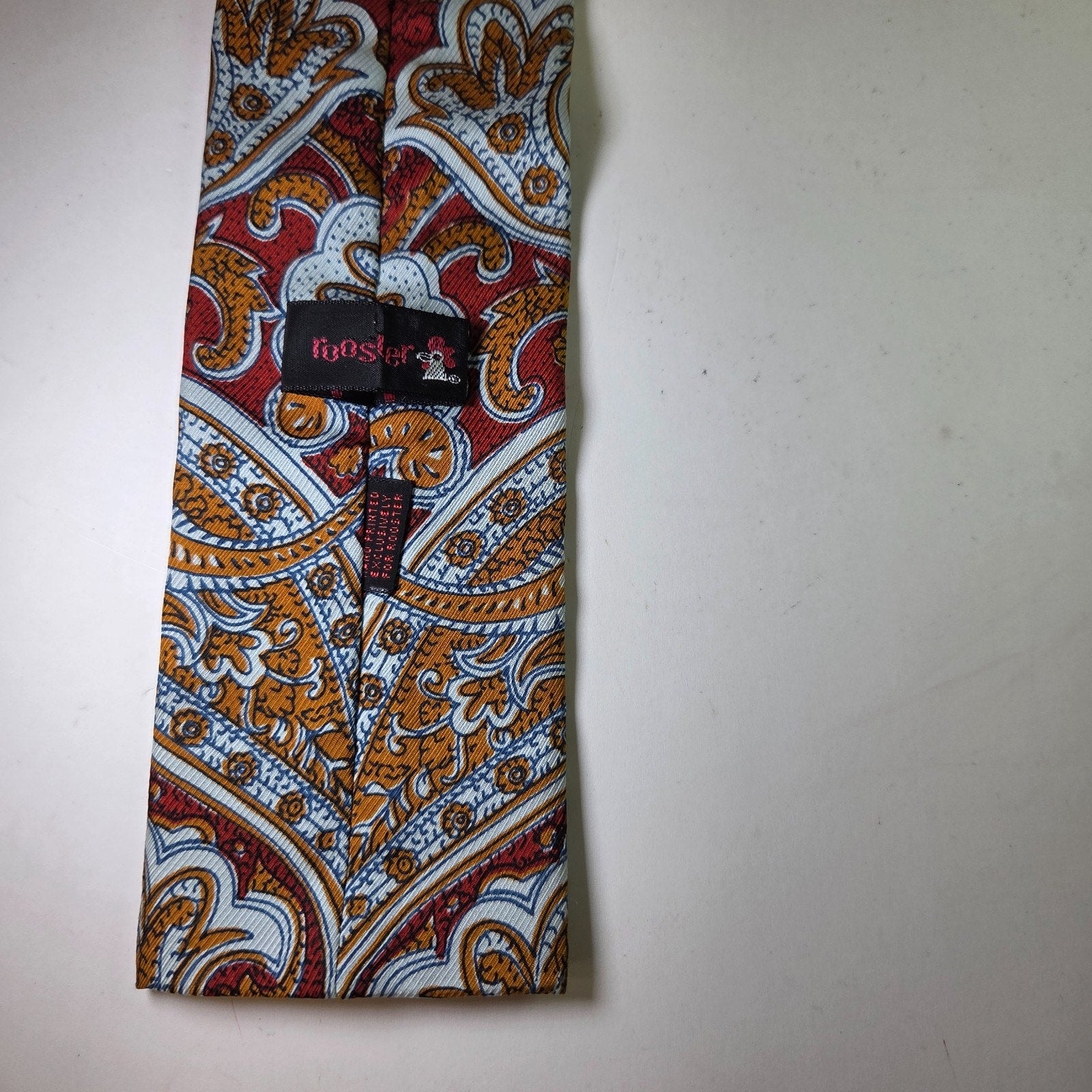 Vintage Rooster Flat Tip Tie Paisley Red Gold White Hand Printed USA 3.25"