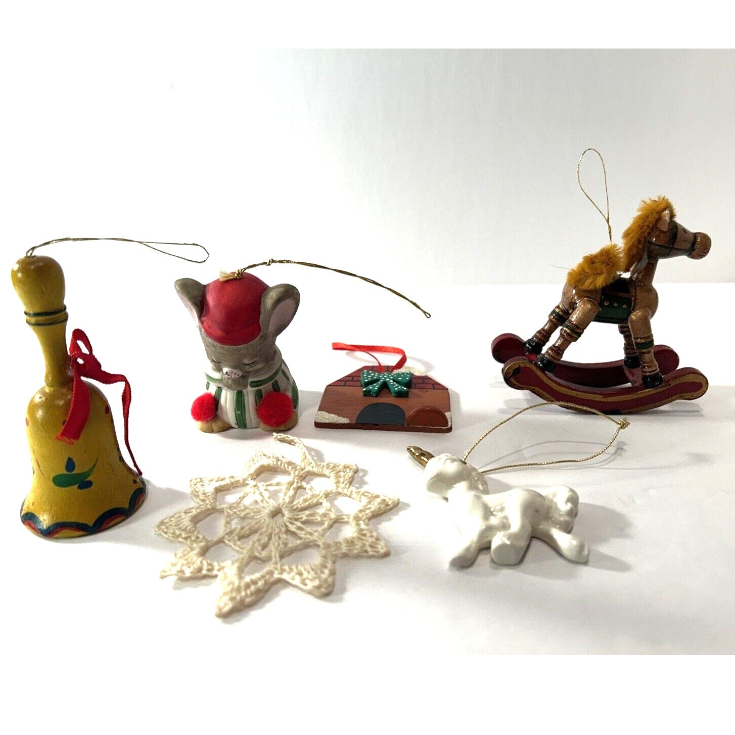 Christmas Ornament Lot of 6 – Wood, Ceramic & Crochet Holiday Mix