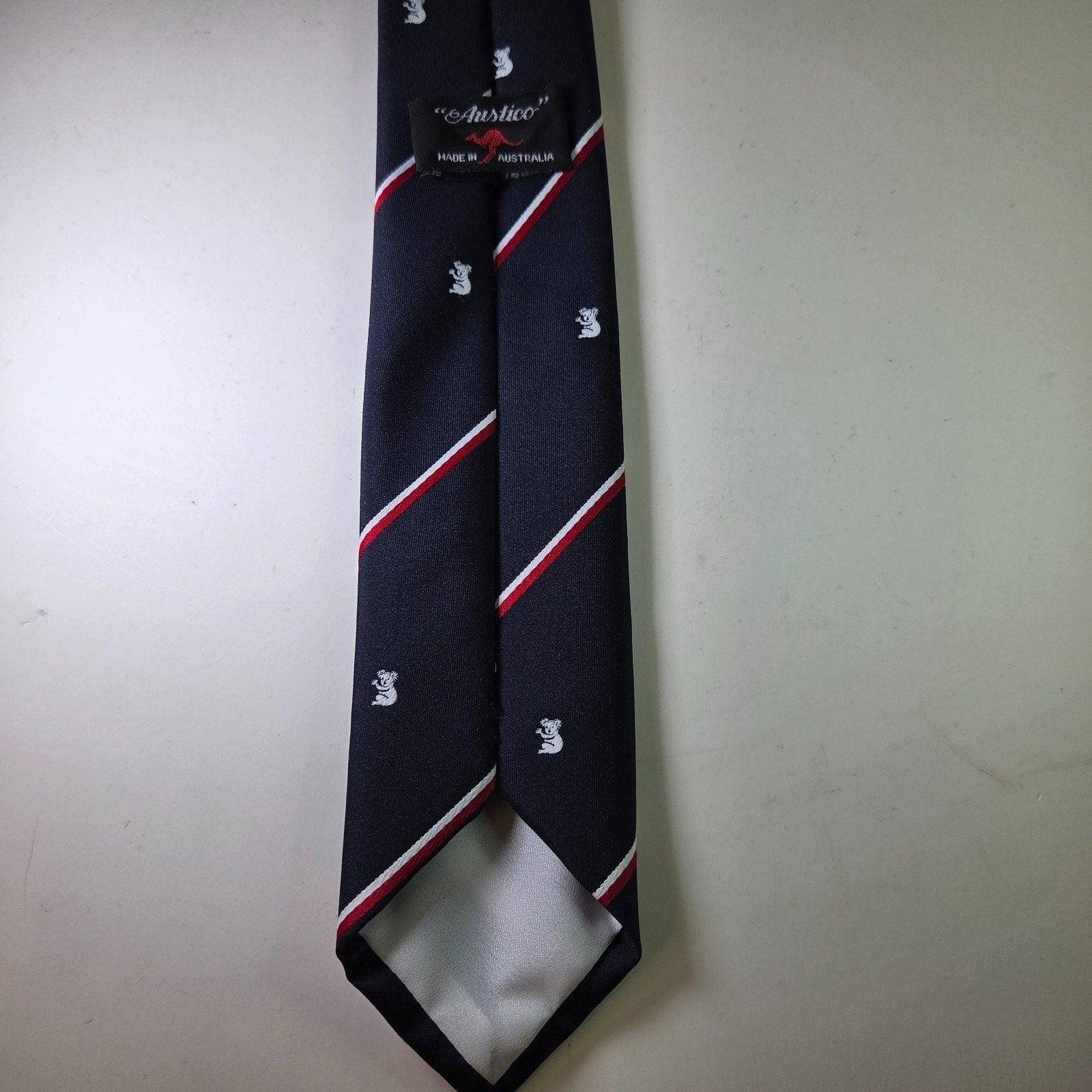Austico Koala Novelty Stripe Tie Navy Red White Made in Australia 53" x 2.75"