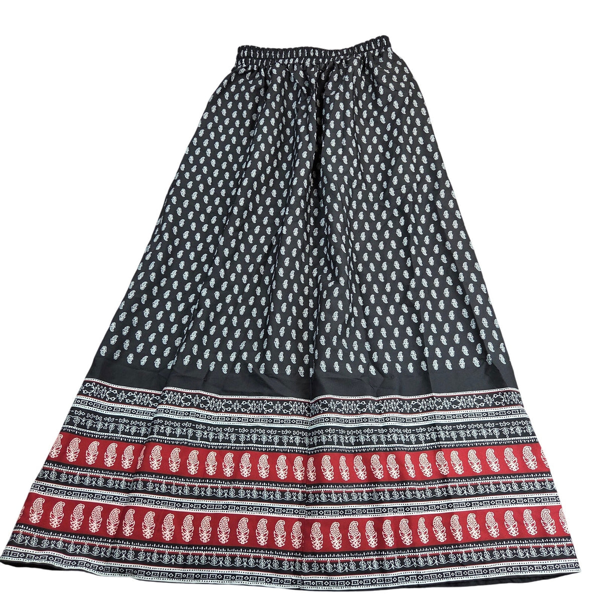 Womens Small Paisley Maxi Skirt Black Red Rayon Elastic Waist Pockets Unbranded