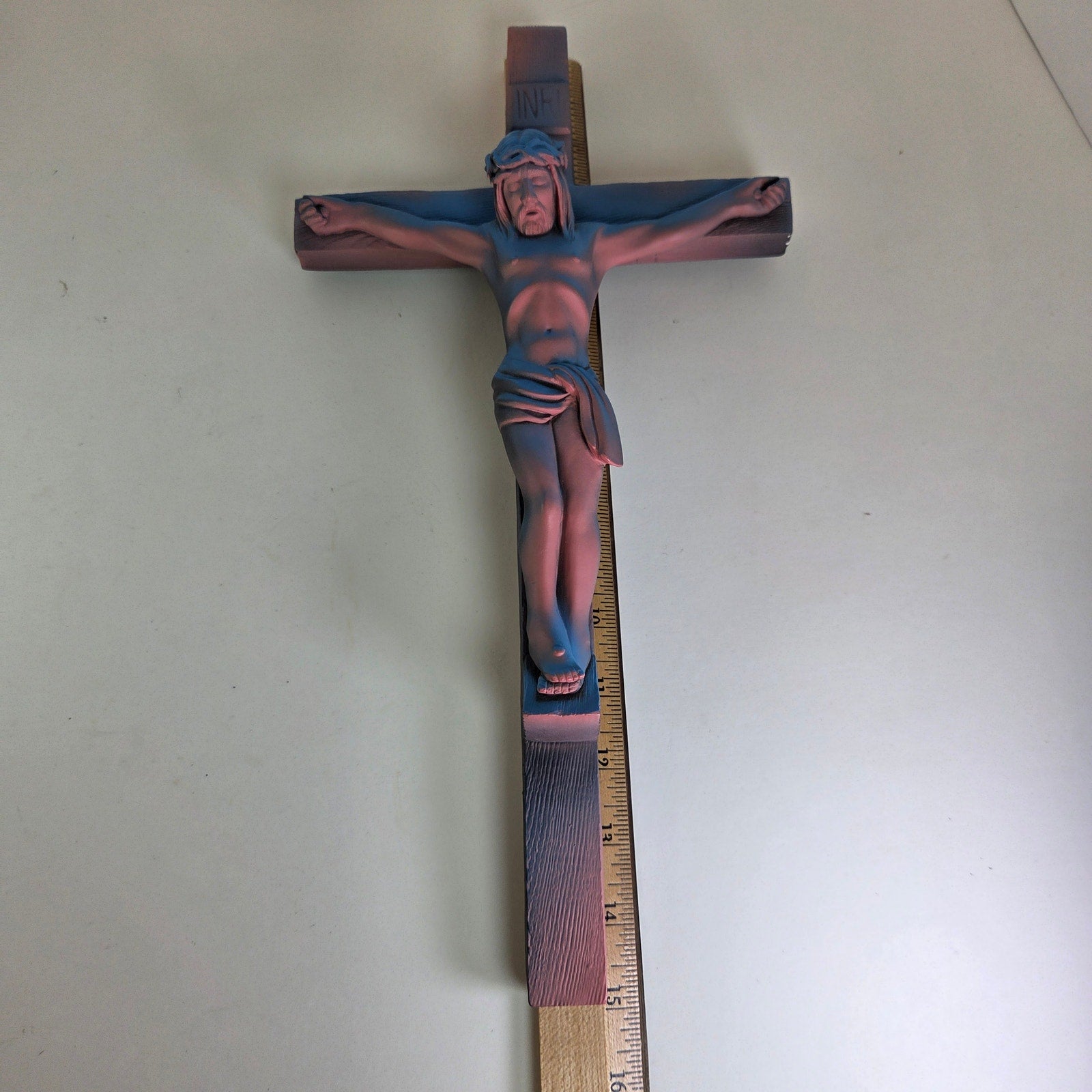 Vintage 15" Resin Crucifix Wall Cross – Pink & Blue Gradient Jesus Figure, INRI