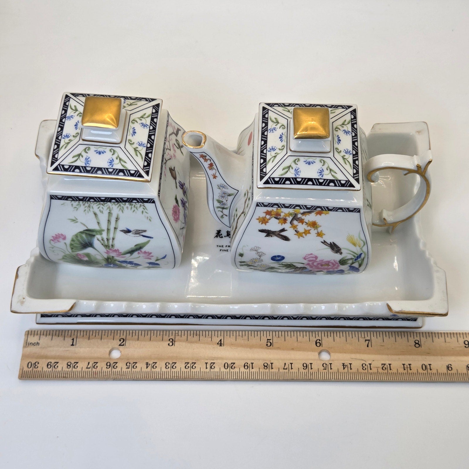 Franklin Mint 1989 Porcelain Sugar & Creamer Set w Tray Flowers Birds Gold
