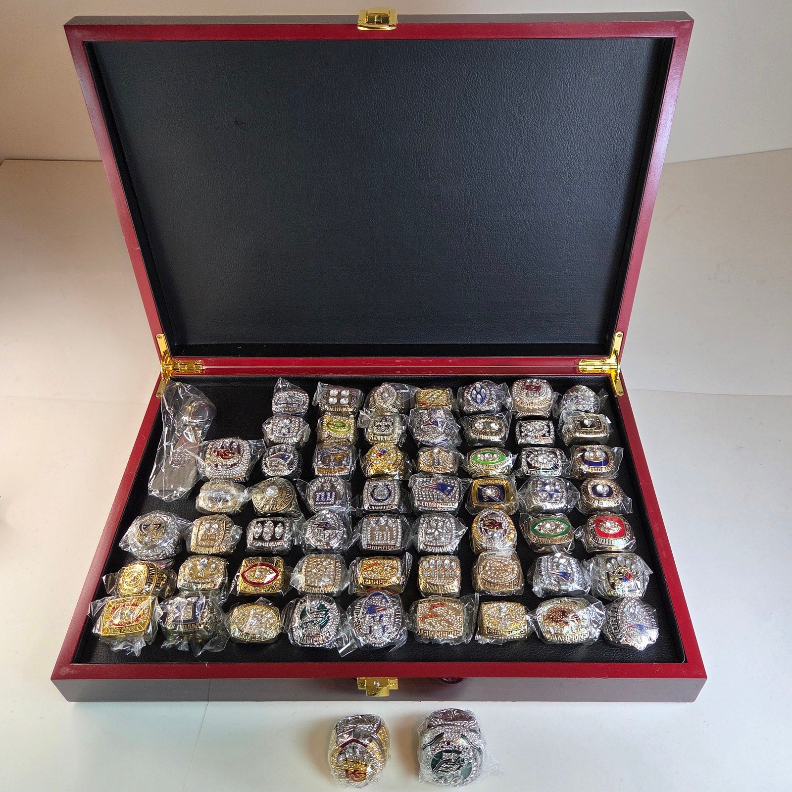 Complete NFL Super Bowl Replica Ring Set I–LIX w/ Case & Trophy Football