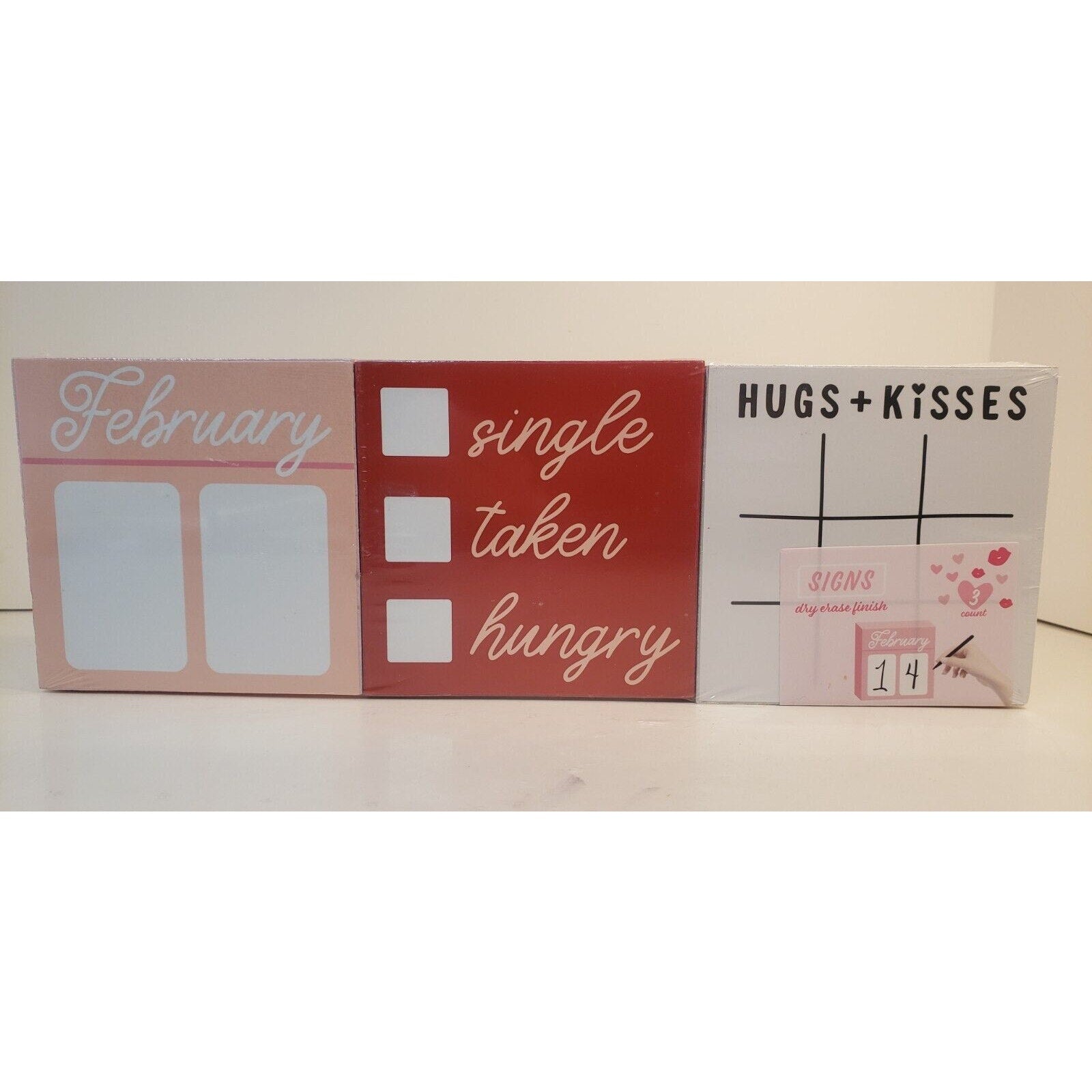 Valentine's Day Themed 3 Pack 4" Wood Block Sign Set w/ Writable Dry Erase Front