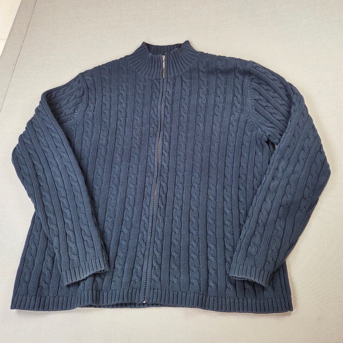 Vintage LL Bean Womens XL Cotton Cable Knit Full Zip Mock Neck Sweater Hong Kong