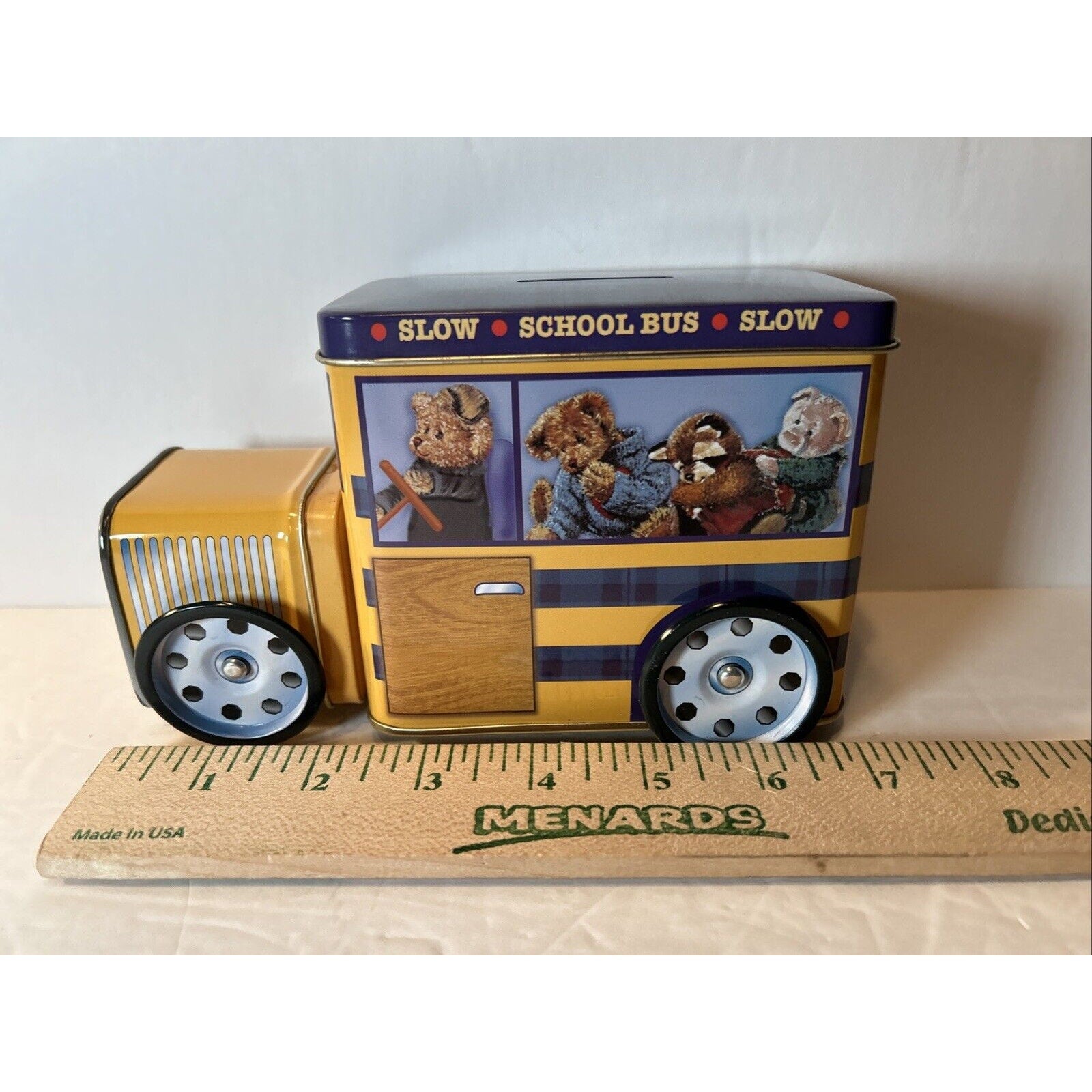 Vintage NOS GIFTCO School Bus with Wheels Tin Bank NIB Stewart Sherwood Bears