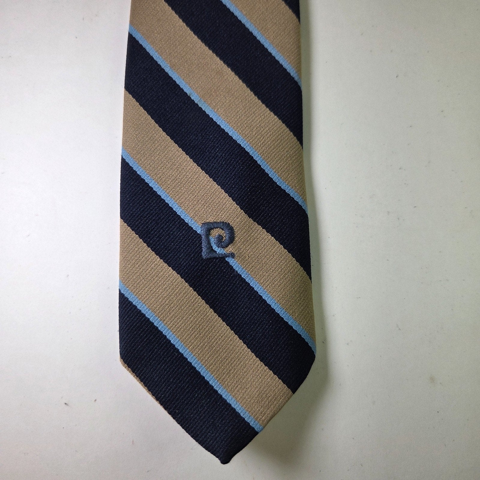 Pierre Cardin Repp Navy Tan Blue Stripe Polyester Tie 3” x 52”