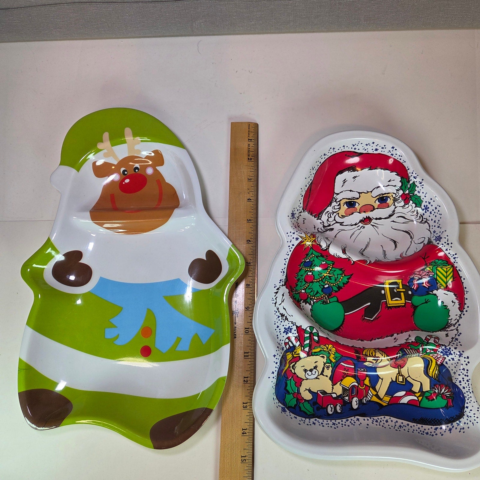 Lot of 2 Christmas Cookie Trays – Santa & Reindeer Shaped Plastic Serving Plates