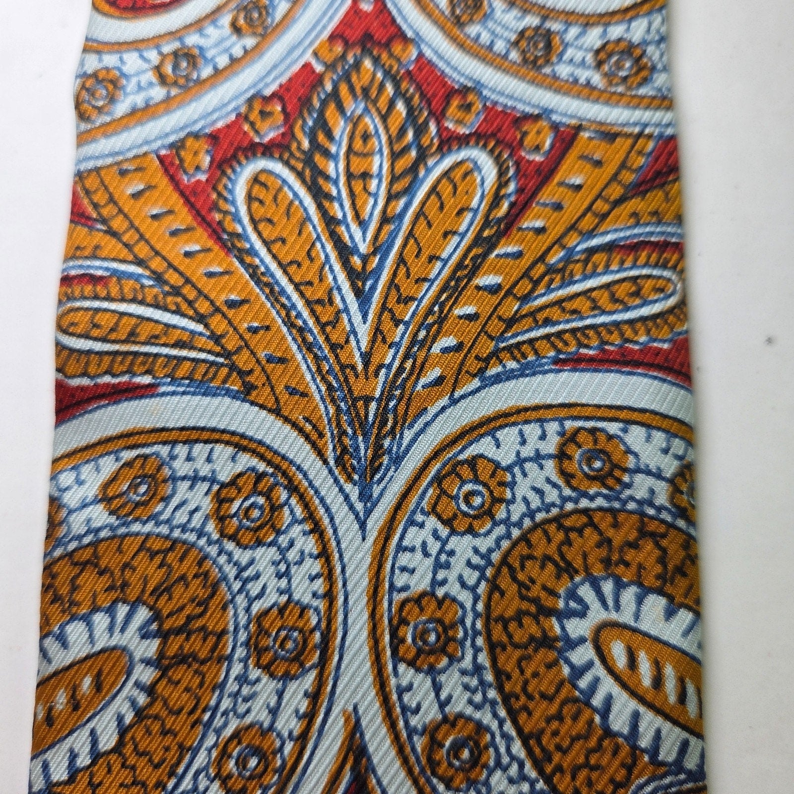 Vintage Rooster Flat Tip Tie Paisley Red Gold White Hand Printed USA 3.25"