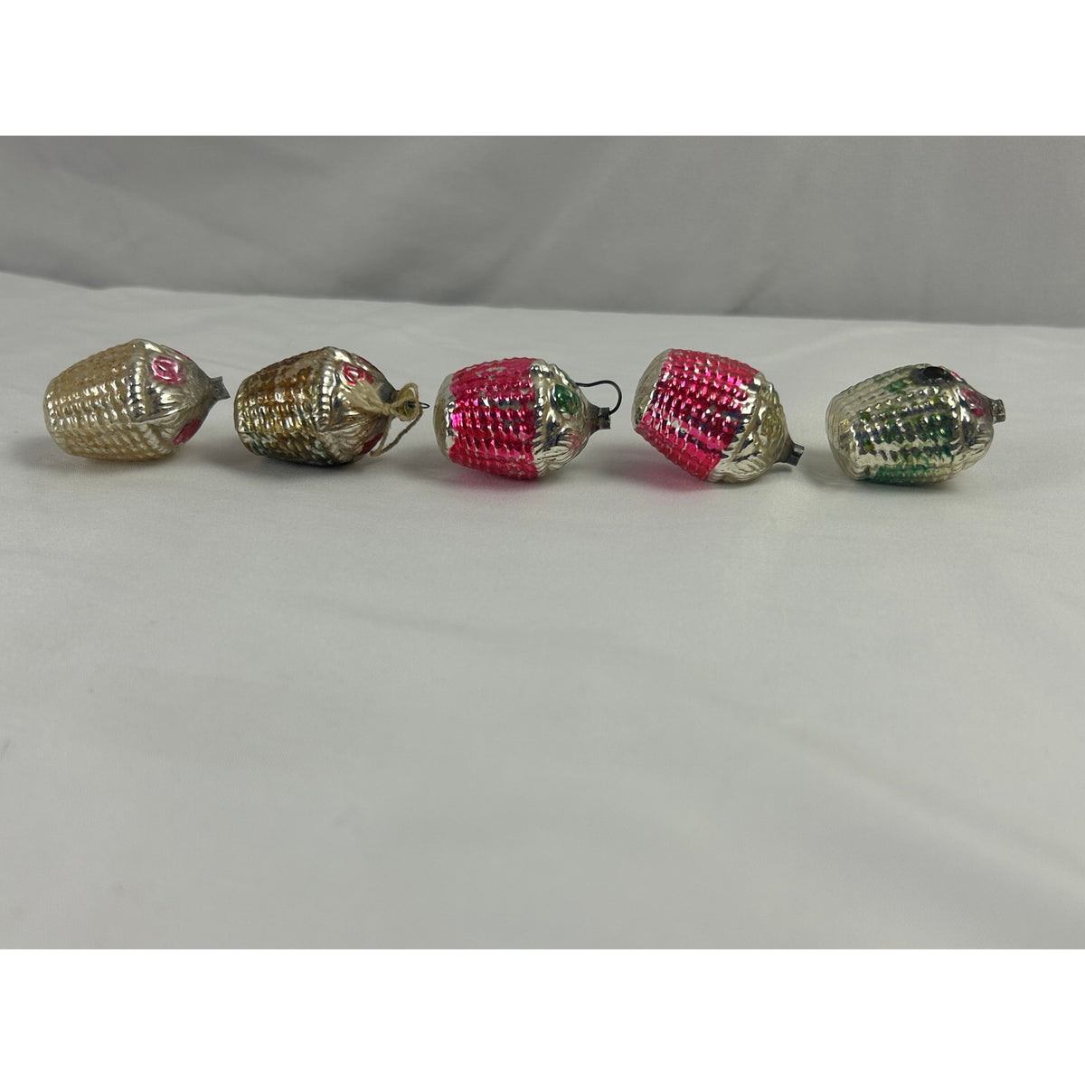 1930s Mercury Glass Flower Basket Christmas Ornaments Hand Painted Lot of 5