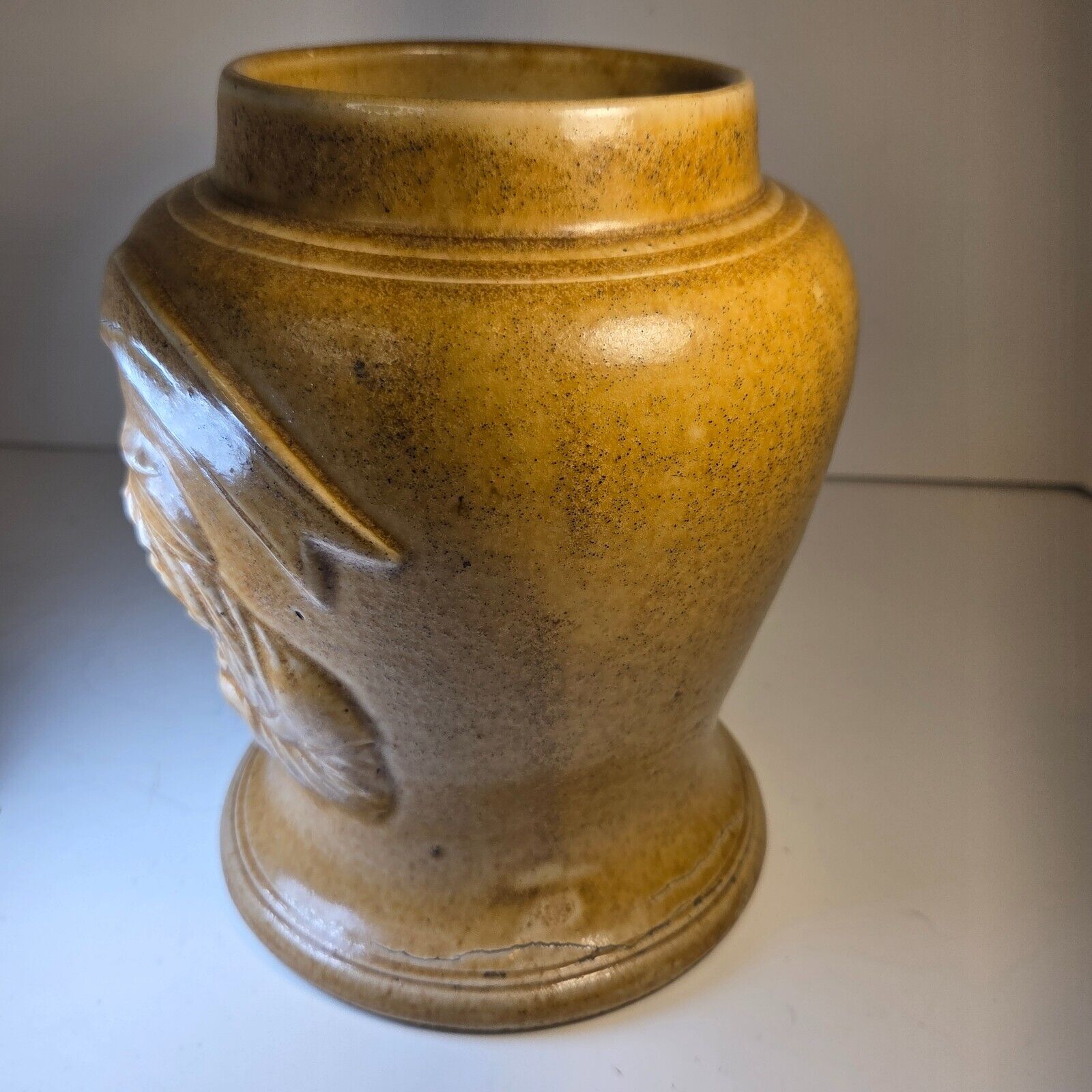 Antique Stoneware Snuff Jar 7.5" Relief Man Sniffing #2 No Lid Pre-1930