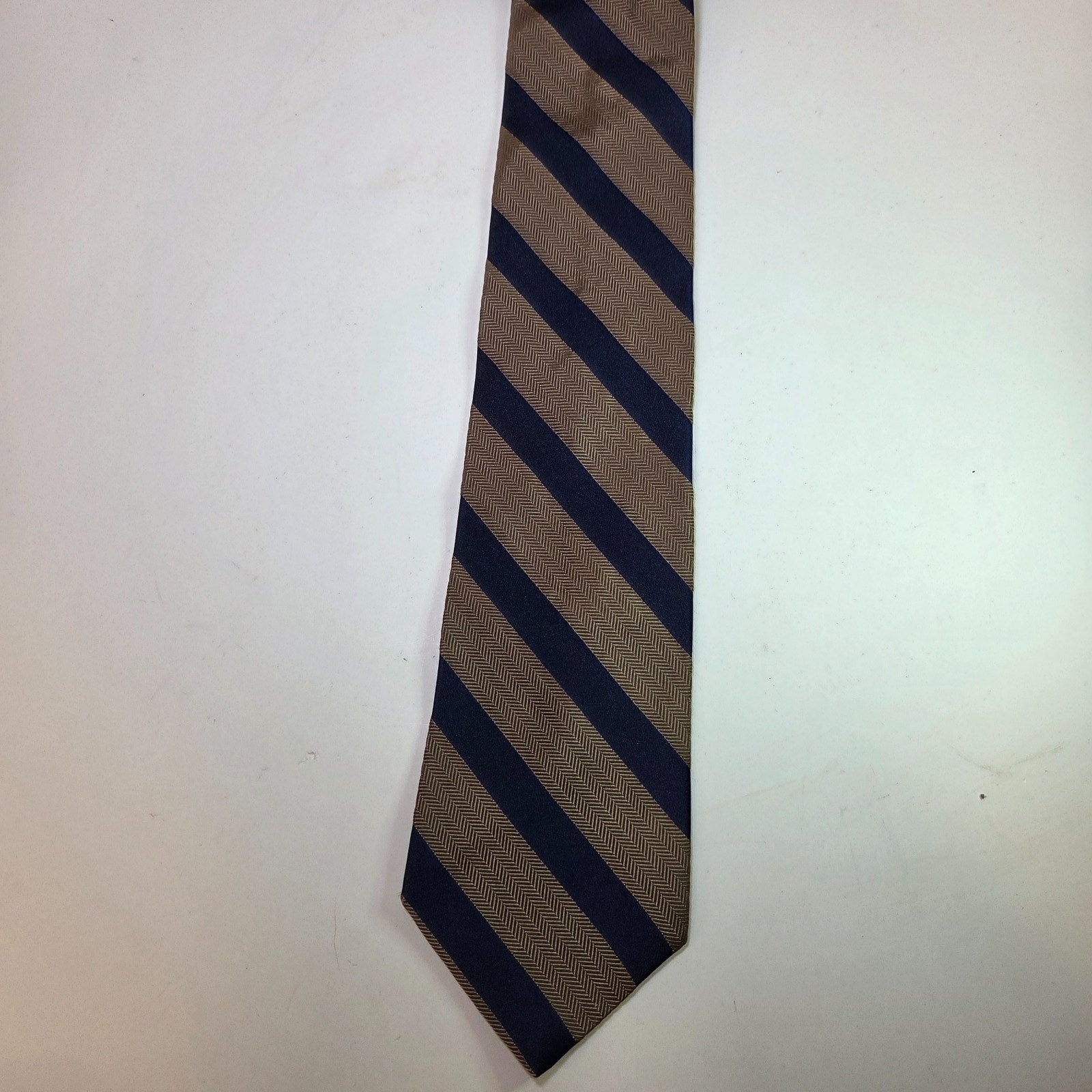 Tommy Hilfiger Navy Tan Striped Repp Tie 3.75" Classic USA Made
