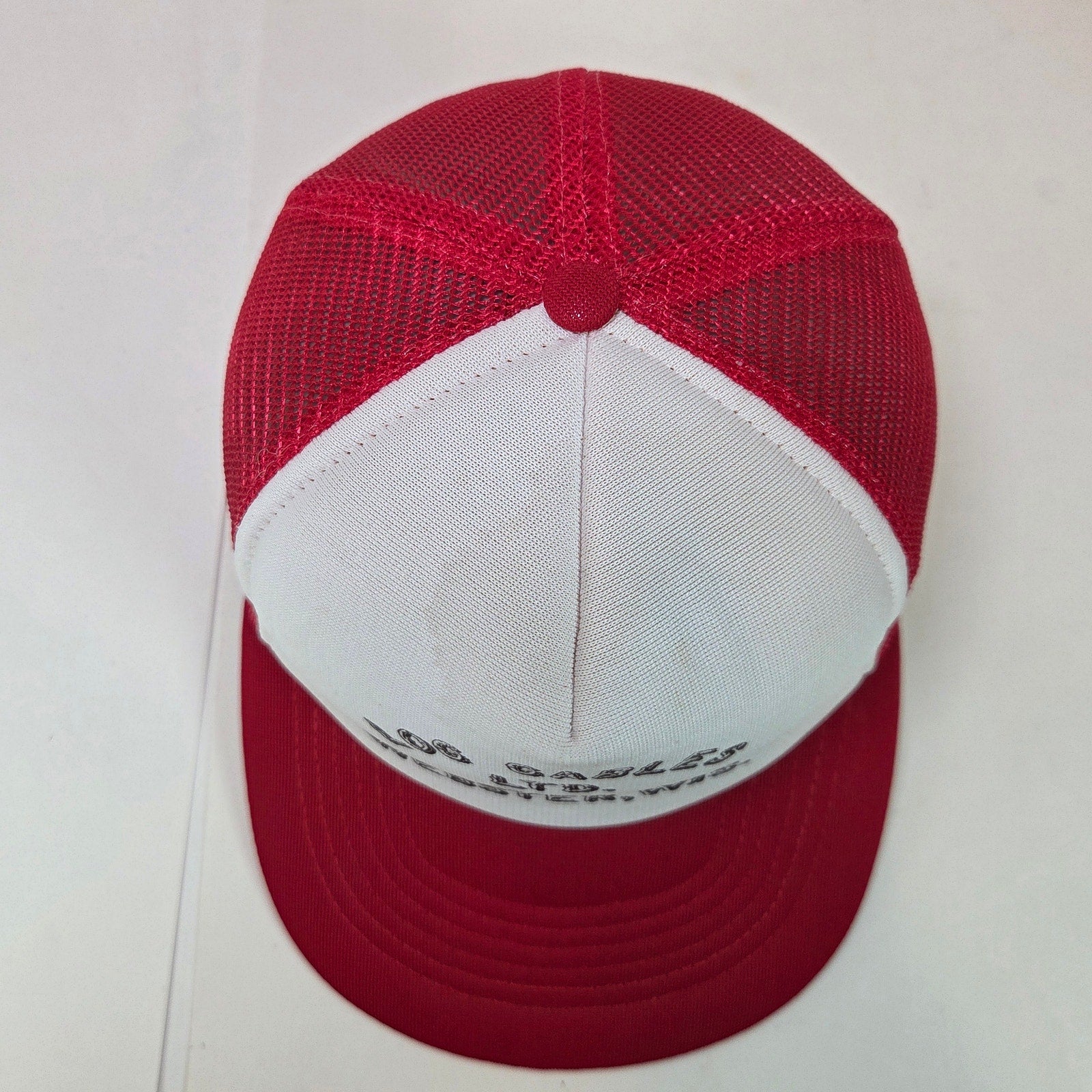 Vintage 80s Trucker Hat Log Gables Webster Wisconsin Snapback Mesh Red White