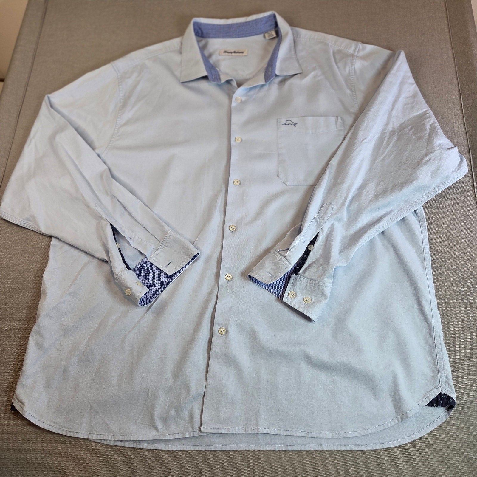 Tommy Bahama XXL Cotton Silk Blend Button Up Shirt Blue Gingham Cuff Detail