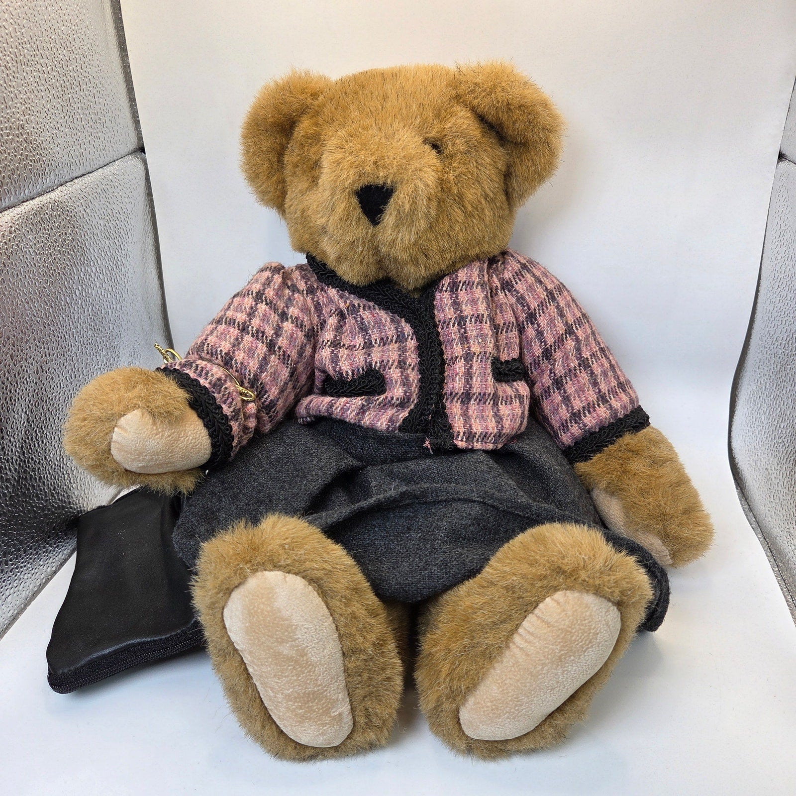 Vermont Teddy Bear Co 1994 Jointed Bear w Pink Plaid Outfit & Purse Made USA