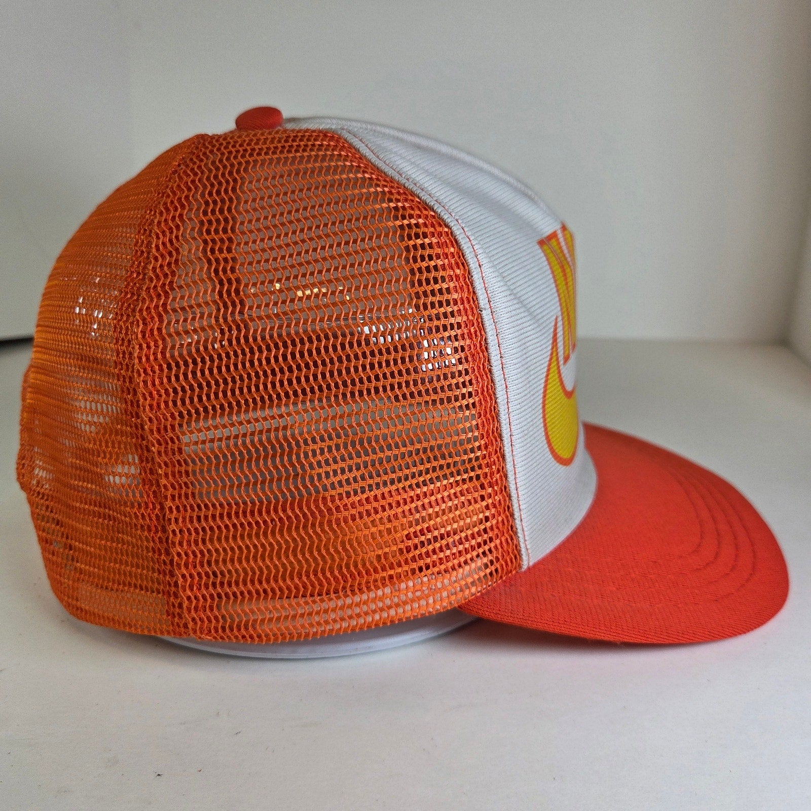 Vintage 1980s Nike Trucker Hat Orange White Mesh Snapback Big Swoosh Logo