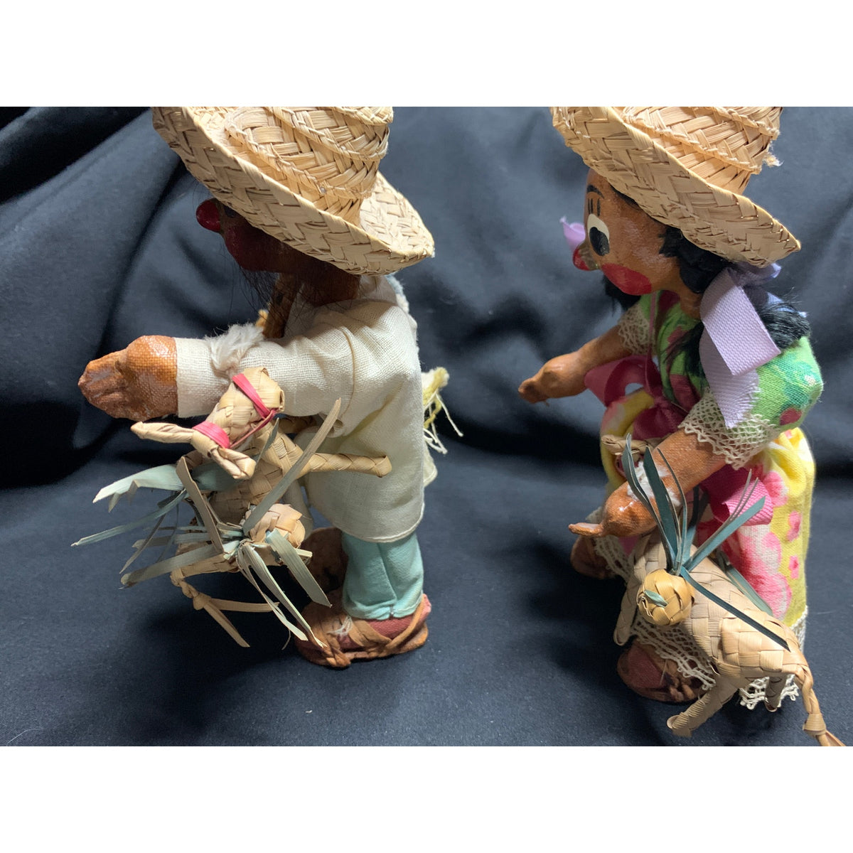 Vintage Mexican Folk Art Oilcloth Dolls Pair Straw Hats Animals 1960s 1970s