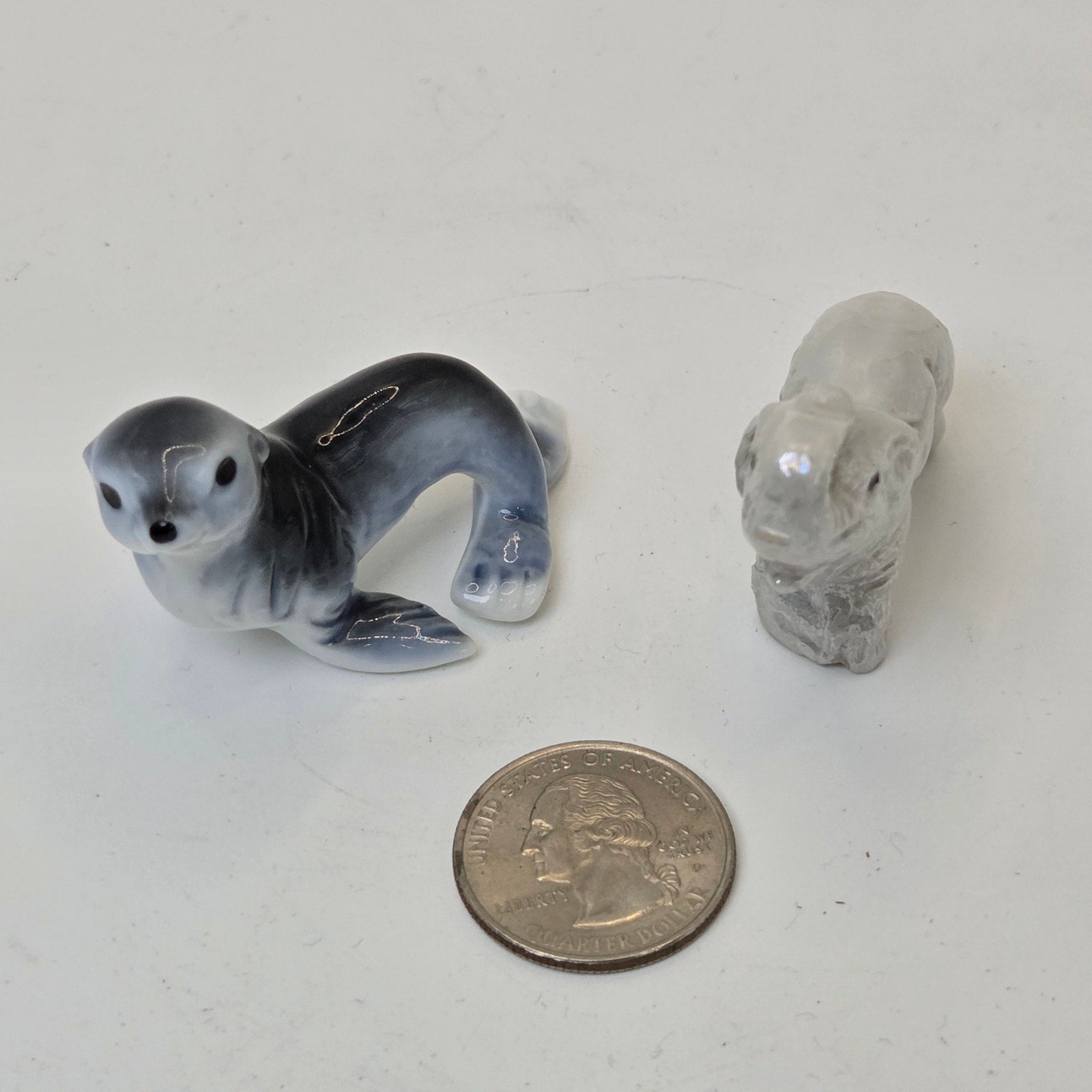 Miniature Ceramic Seal & Elephant Figurines Pair Unmarked Glazed Decor