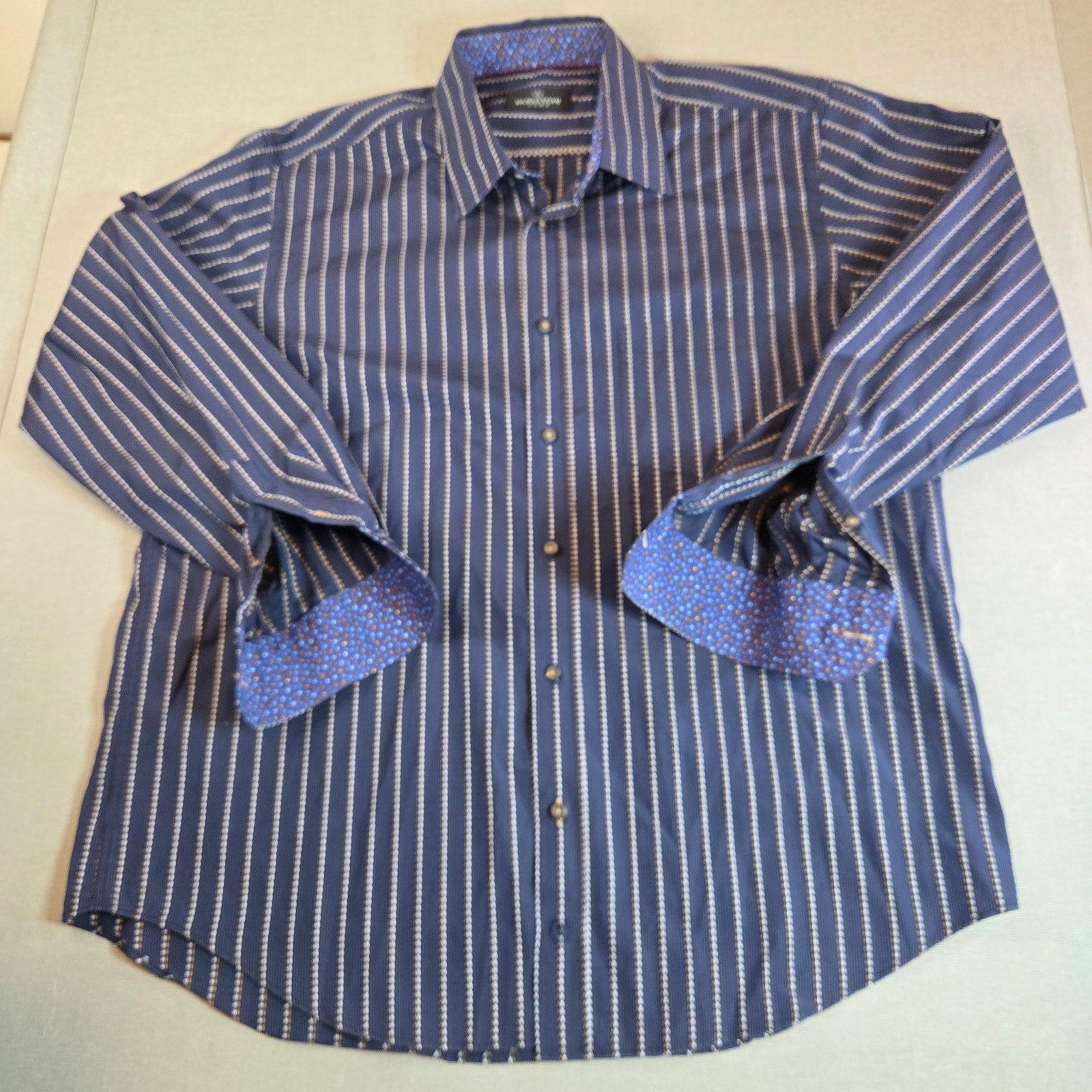 Bugatchi Uomo XL Stripe Button Down Shirt Blue Contrast Cuff Cotton Dress