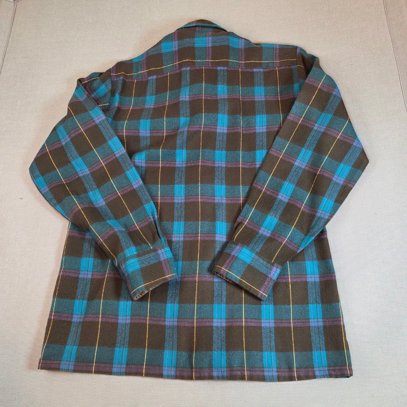 Vintage 70s Gordon Pine Scott Sears Flannel Shirt Brown Blue Plaid Small