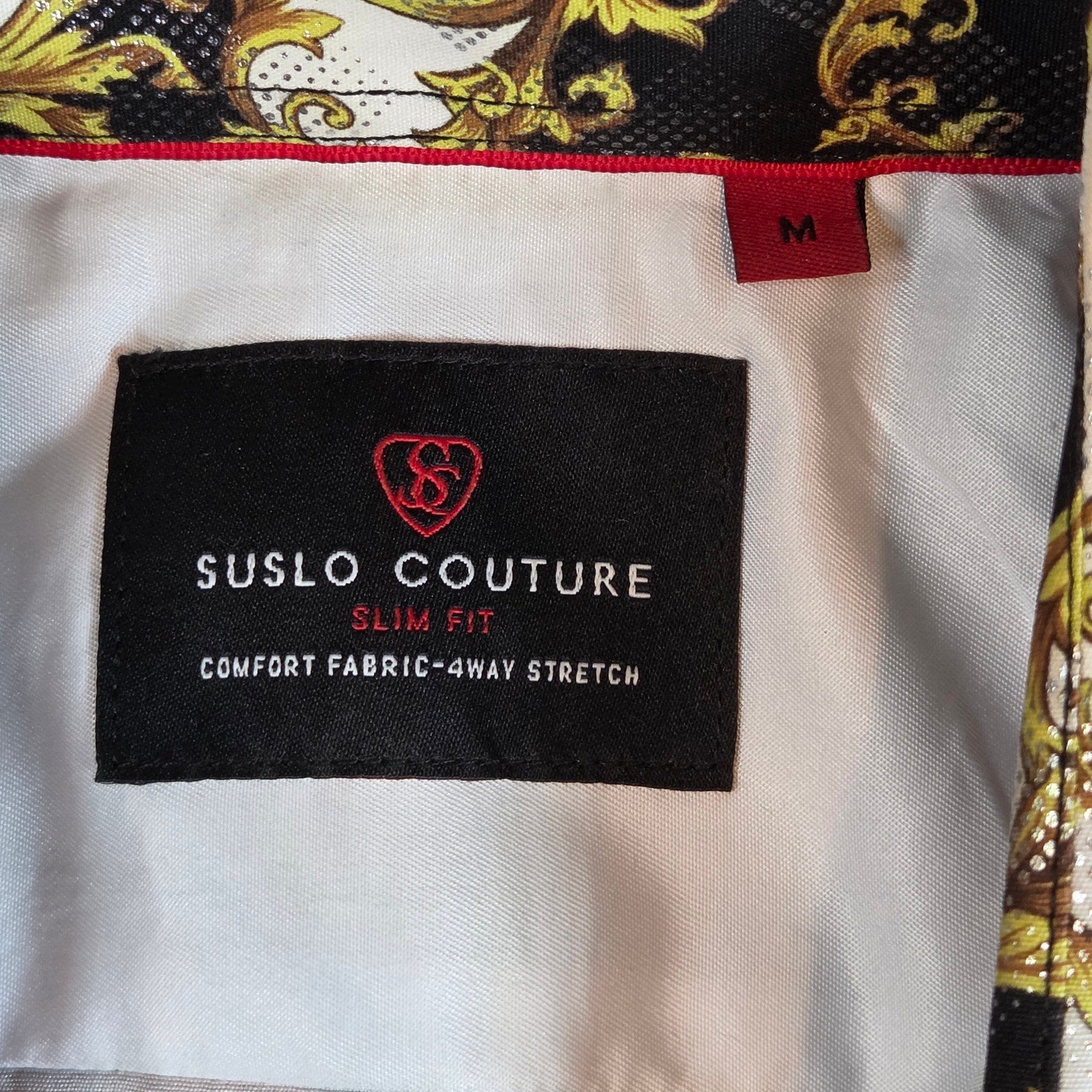 Suslo Couture Slim Fit Button Up Shirt Medium Red Floral Gold Black Print
