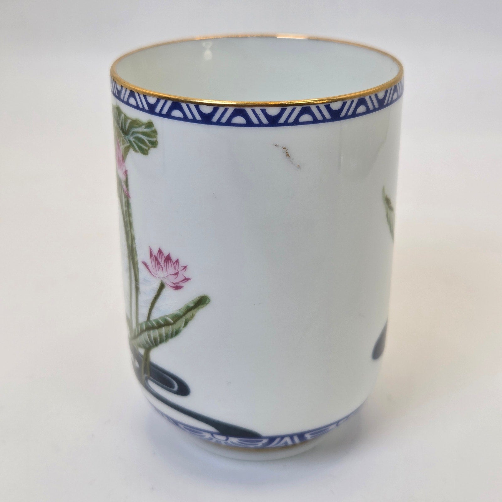 Franklin Mint 1985 Porcelain Tea Cup Egret Lotus Blue Gold Trim Japan