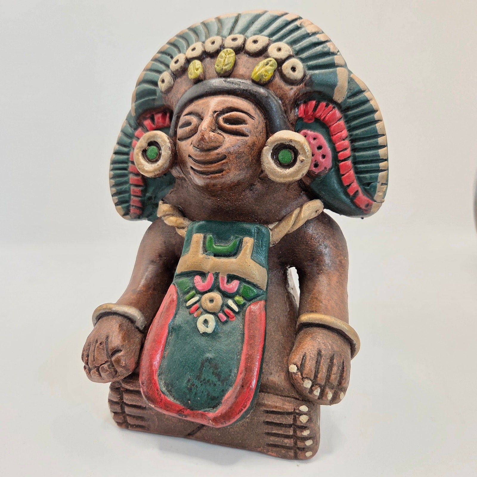 Vintage Mexican Hand Painted Clay Aztec Style Figure Statue 6.5" Folk Art