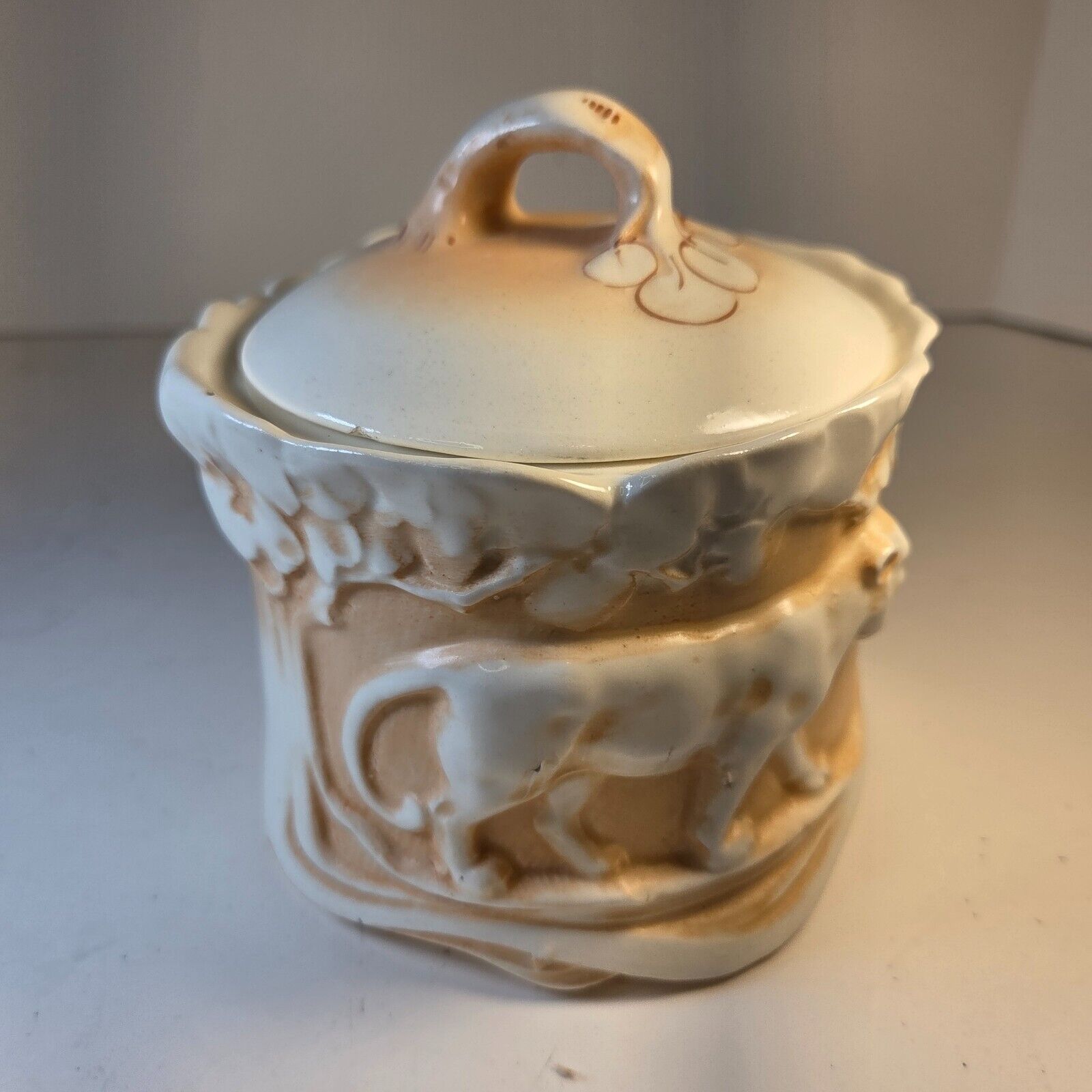 Vintage Czech Tobacco Jar Lion Motif Czecho-Slovakia Marked Ceramic 1920s