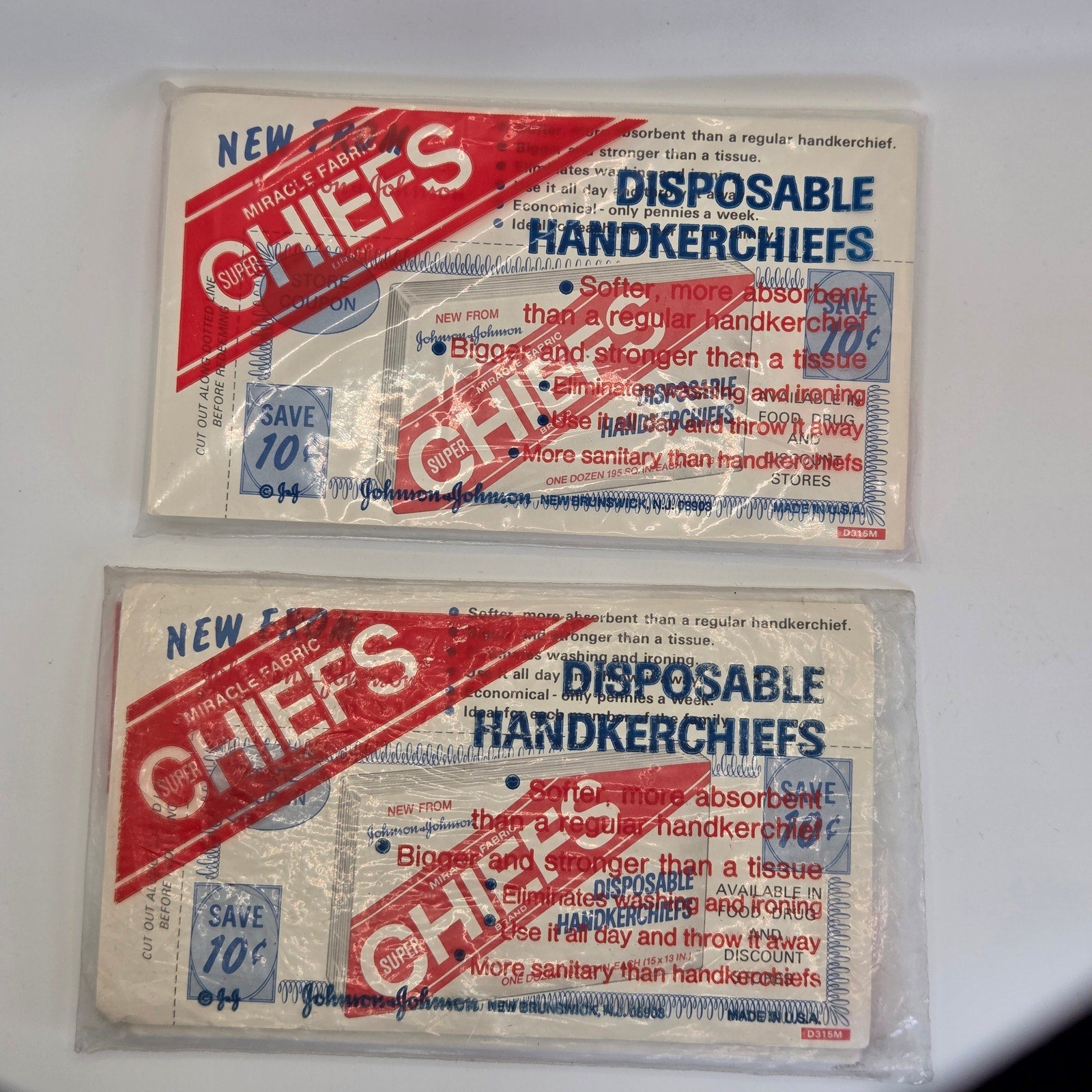 Vintage Chiefs Disposable Handkerchiefs Lot of 2 Johnson & Johnson NOS USA