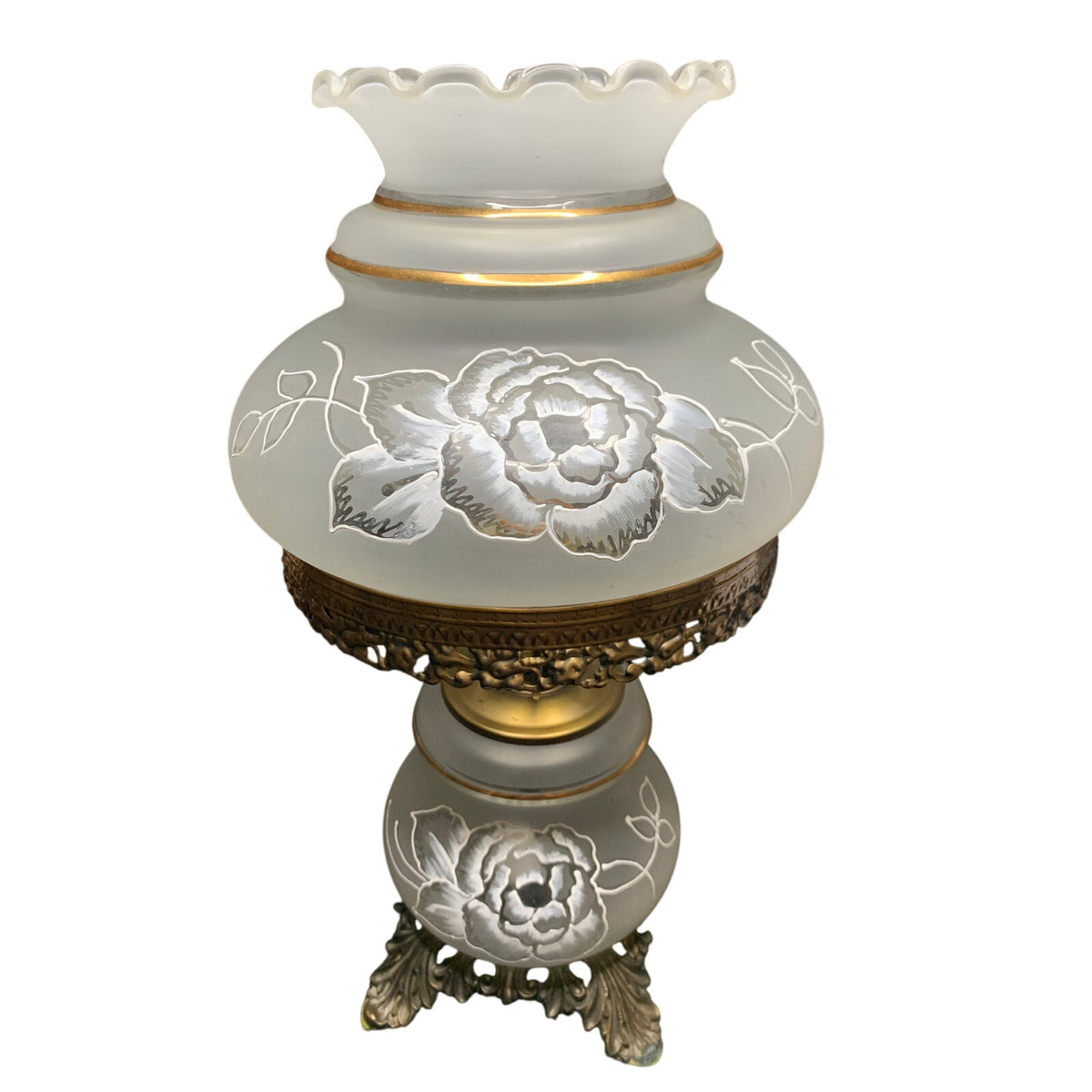 Vintage 1972 E.K. 5040 GWTW 3-Way Frosted Rose Glass Hurricane Parlor Lamp
