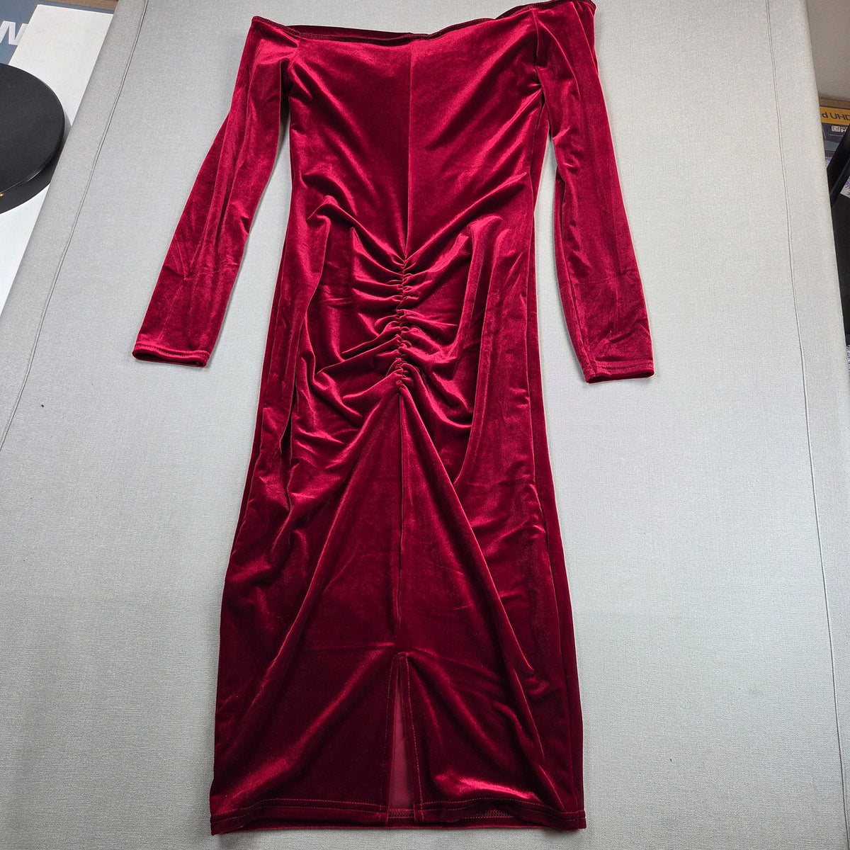 Club L London Compliment Berry Velvet Bardot Midi Dress US 8 UK 12 NWT
