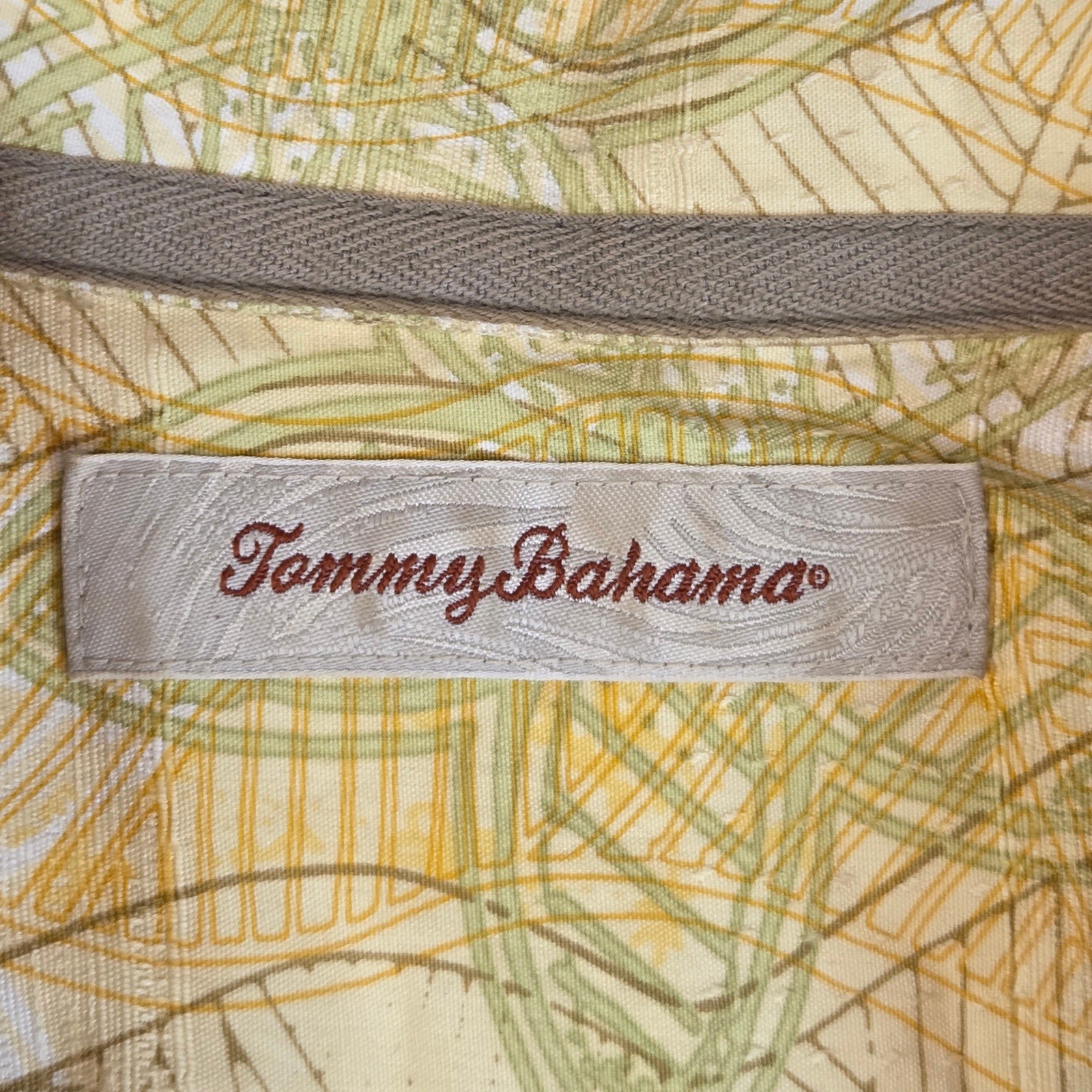 Tommy Bahama Silk Blend Camp Shirt Men’s L Yellow Abstract Palm Button Up