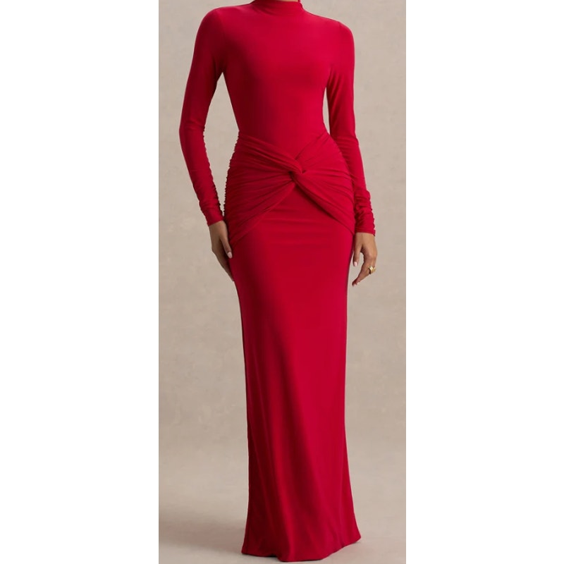Club L London Alula Red High Neck Twist Maxi Dress UK 12 US 8 Formal NWT