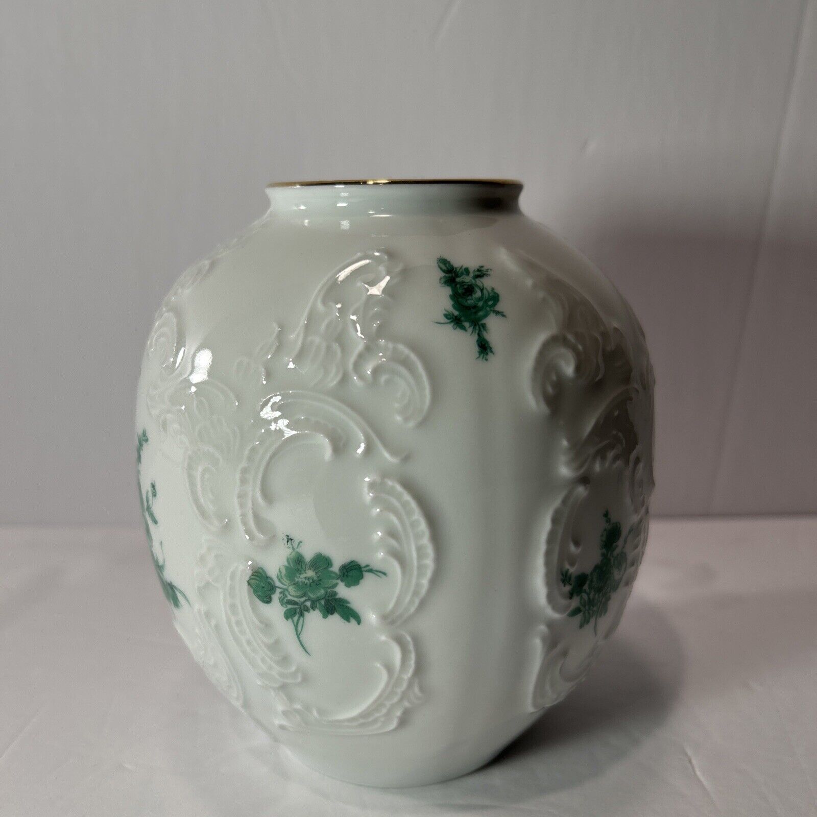 Vintage KPM Bavaria Royal Porcelain Vase Embossed Floral Green Gold Rim Germany