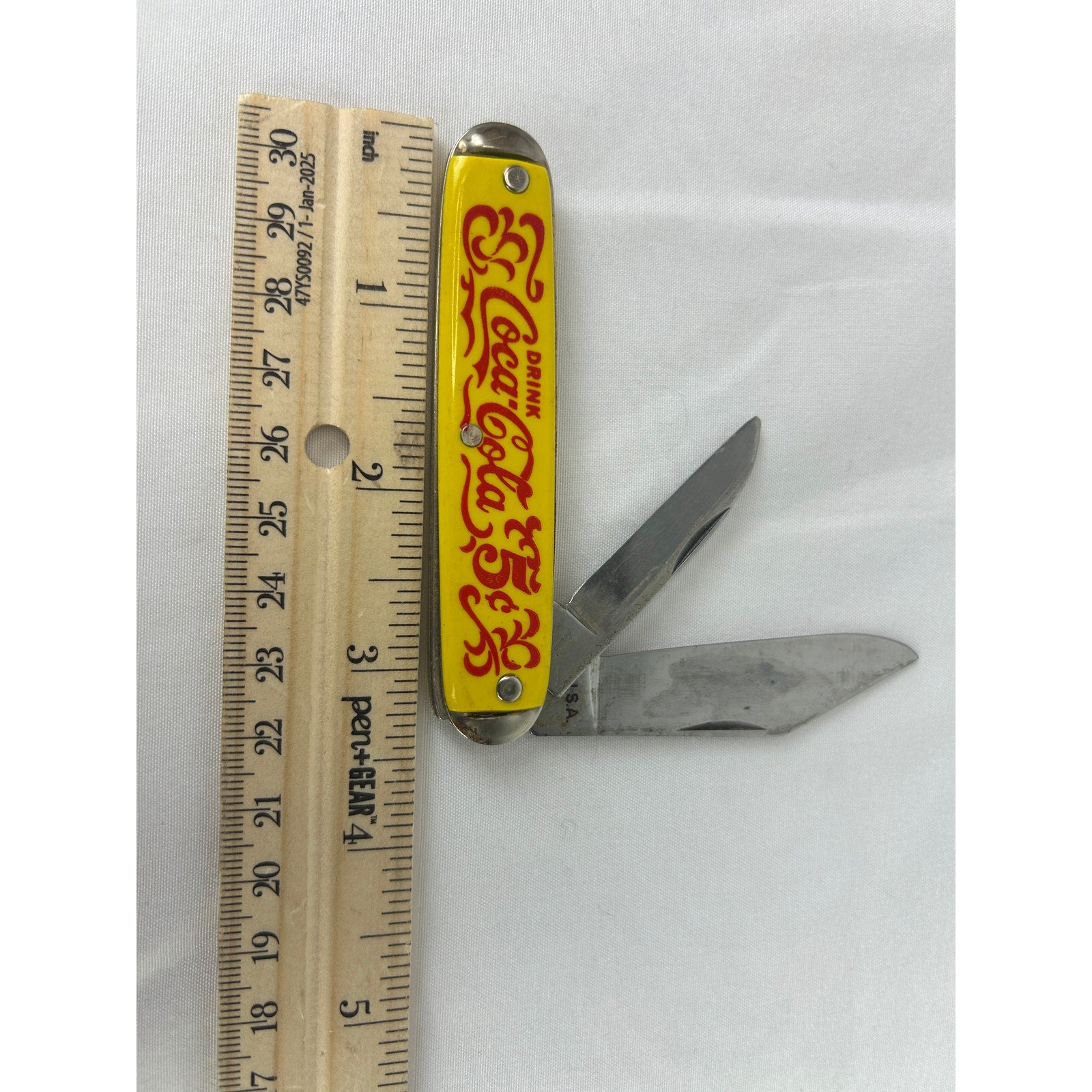 Vintage Coca Cola 5 Cent Yellow Advertising 2 Blade Pocket Knife USA Made