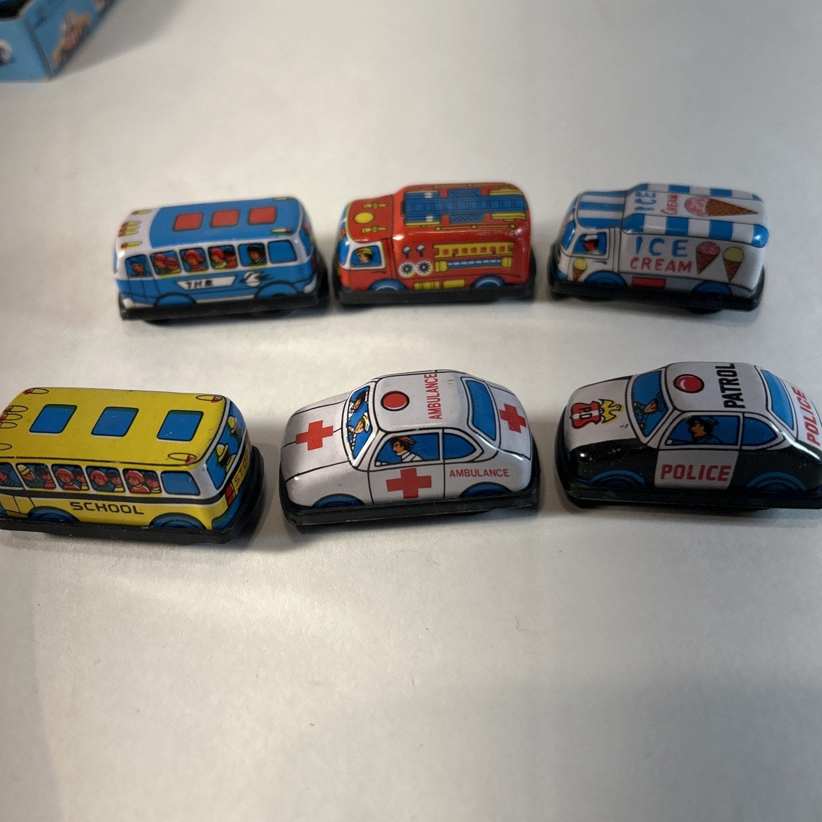 Vintage Tin Litho Friction Super Mini Toy Car Set w/ Display Taiwan 12pc