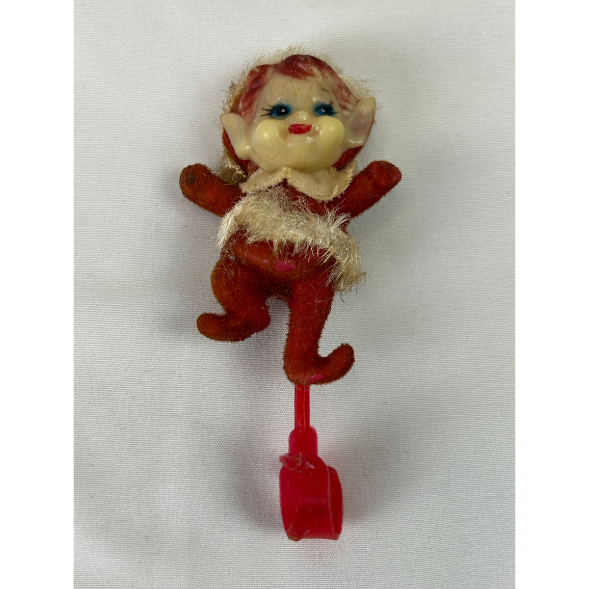 Vintage 1940s 1950s Flocked Pixie Elf Christmas Ornament Clips Lot of 4