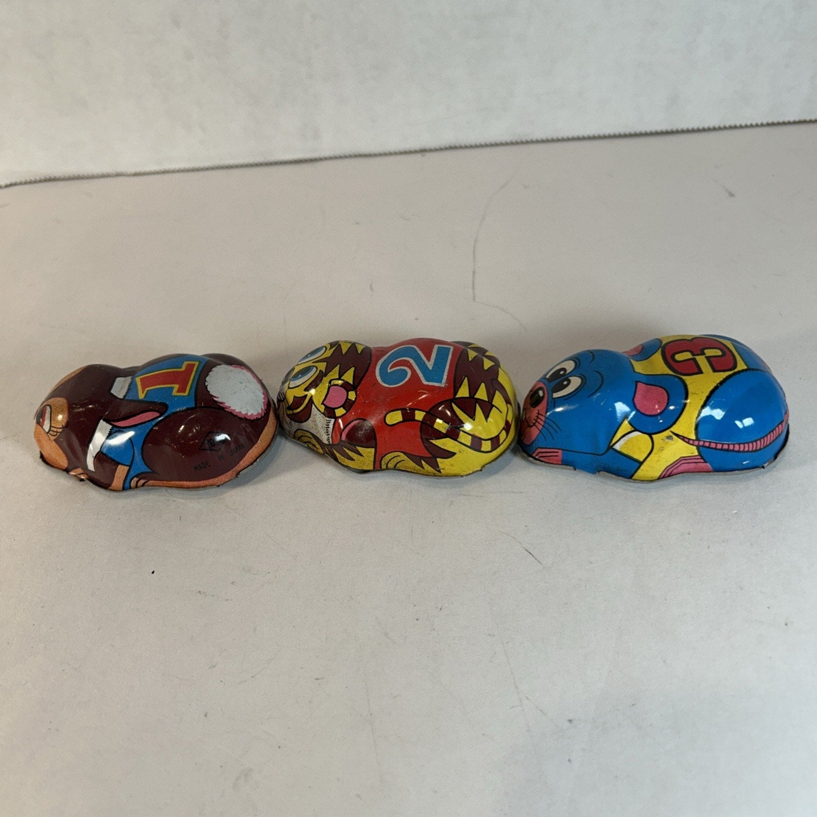 Vintage Yoone Japan Tin Friction Racers Set of 3 Rabbit Tiger Mouse 1950s–70s